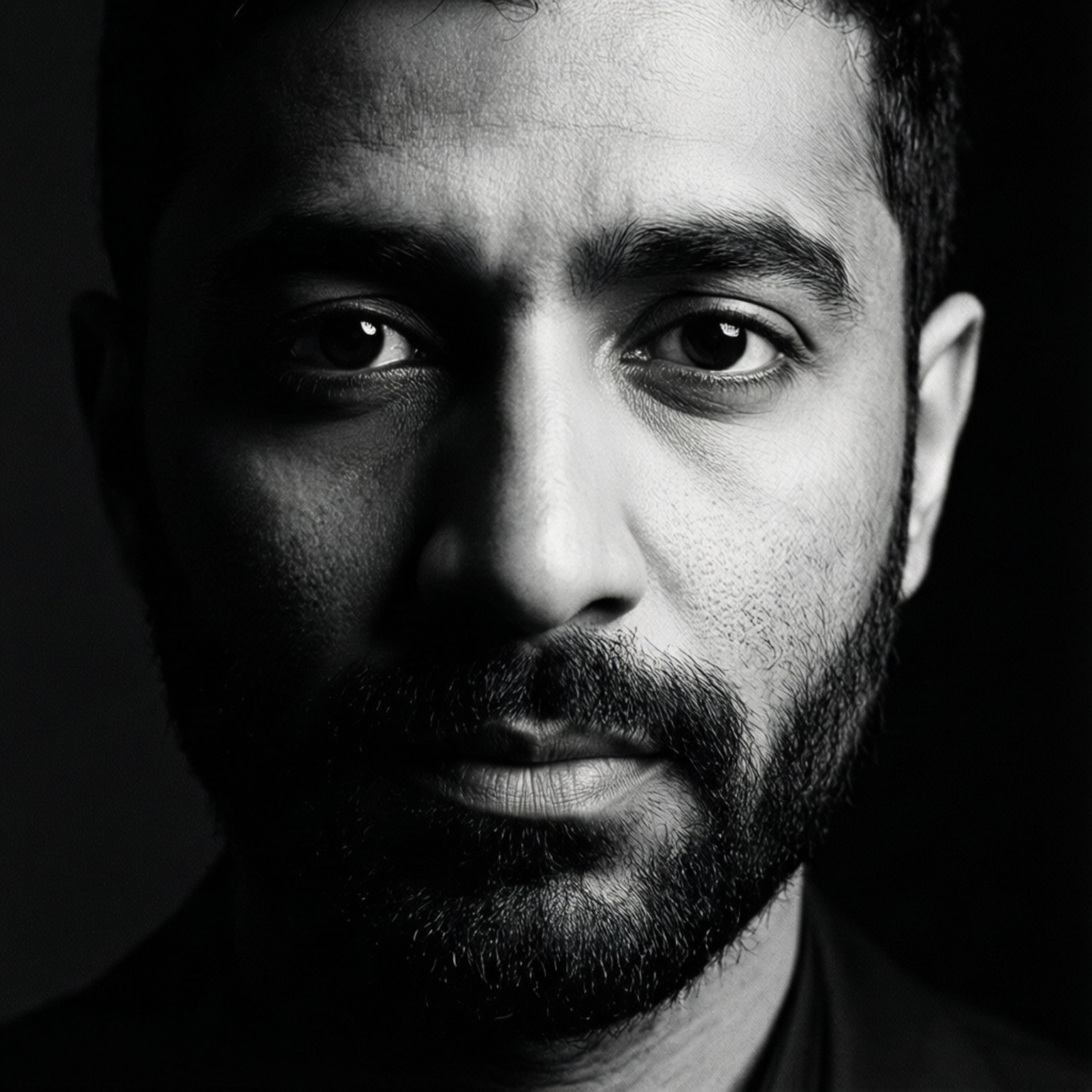 riz ahmed 桌布 壁紙 — 一張戲劇性的黑白特寫肖像，一名留鬍鬚的男子在高對比燈光下專注地凝視鏡頭。