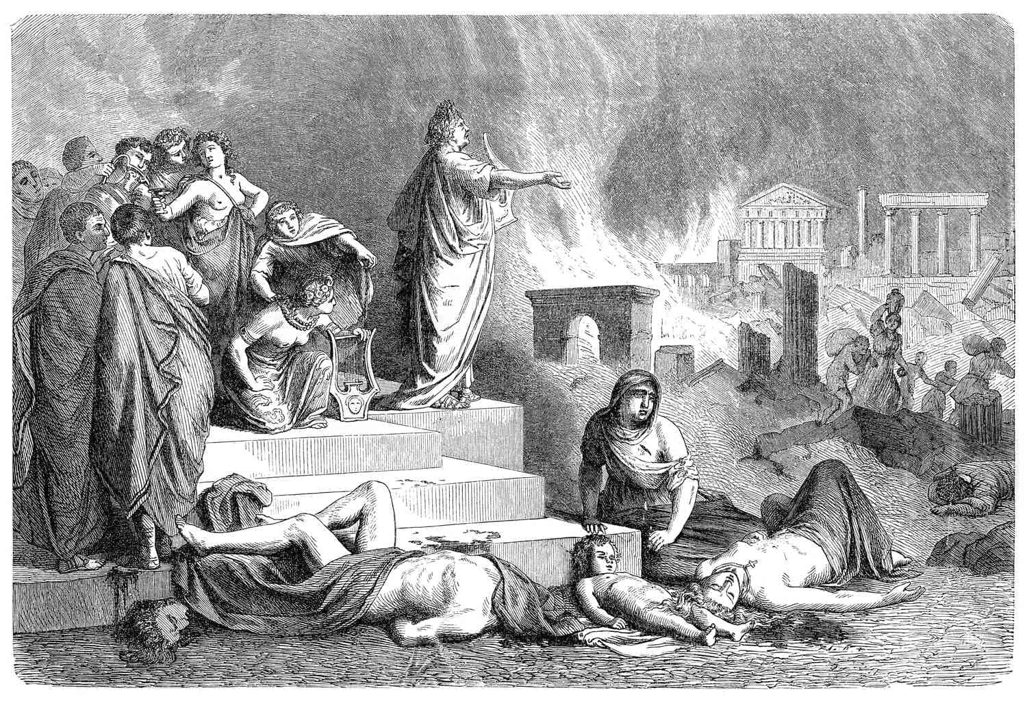 古代人們在燃燒的廢墟和古典建築中哀悼死者。