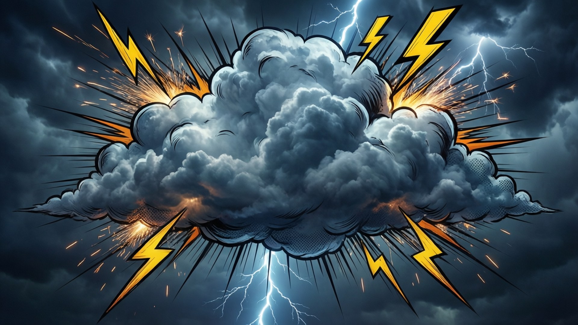 桌布 壁紙 — 一個戲劇性的卡通雷暴雲在黑暗的暴風雨天空中爆發出黃色閃電和熾熱的火花。
