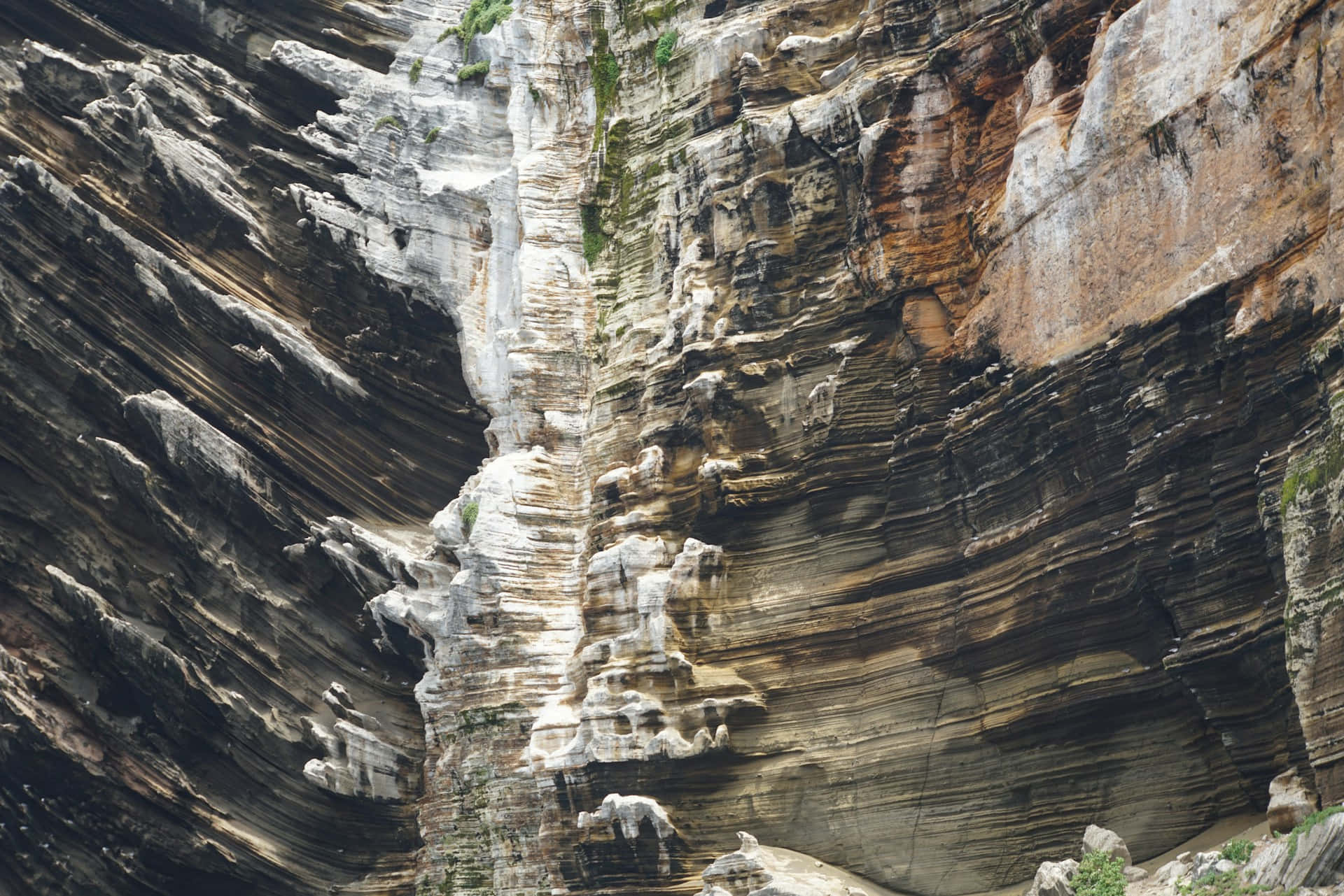 壁紙 — 層狀沉積岩層的戲劇性特寫，帶有苔蘚裂縫和大地色調。