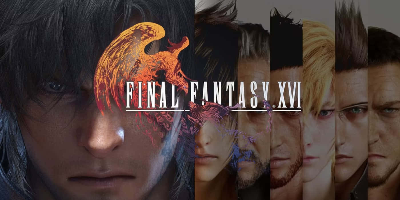 Final Fantasy 16 桌布 壁紙 — 《最終幻想XVI》的戲劇性數位藝術海報，包含火焰鳳凰和強烈男性角色的特寫。