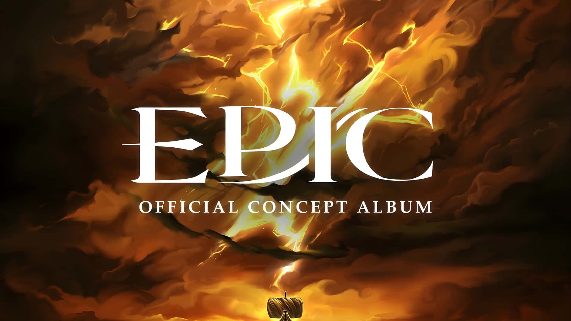  壁紙 — 一幅戲劇性的數碼藝術作品，以粗體白色字母顯示「EPIC」一詞，背景是帶有閃電和下方小船的火熱暴風雨天空。