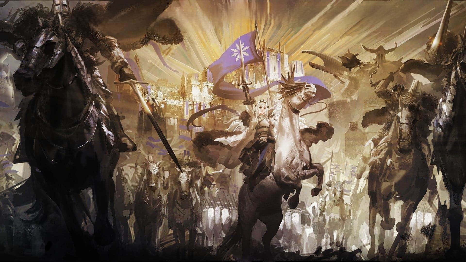  壁紙 — 一個戲劇性的奇幻戰鬥場景，騎士騎馬衝向金色天空下閃耀的城堡。