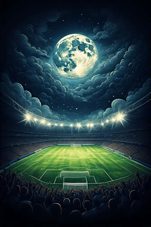 Dramatic Moonlit Soccer Stadium 壁紙 — 一個擠滿人的足球場，在巨大的月光天空下，戲劇性的雲層和明亮的泛光燈照亮了綠色球場。