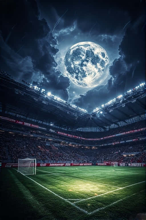 Dramatic Moonlit Soccer Stadium 壁紙 — 夜晚嘅足球場，喺一個巨大發光嘅月亮下面，周圍係黑雲。