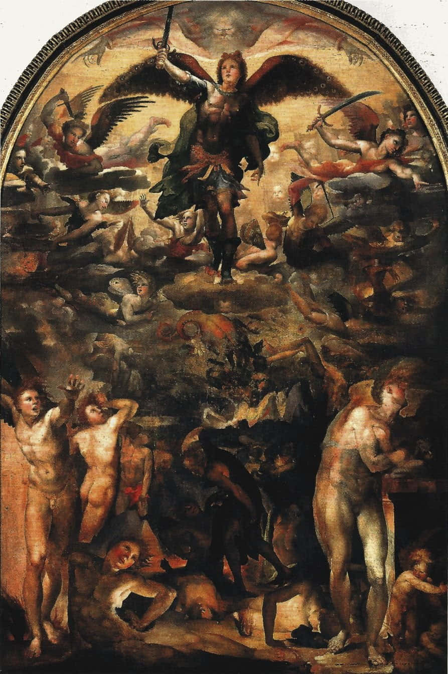 Saint Michael 桌布 壁紙 — 一幅戲劇性的油畫描繪了一個中央的天使戰士，擁有翅膀和劍，勝利地站在黑暗雲層中混亂的墮落人物場景之上。