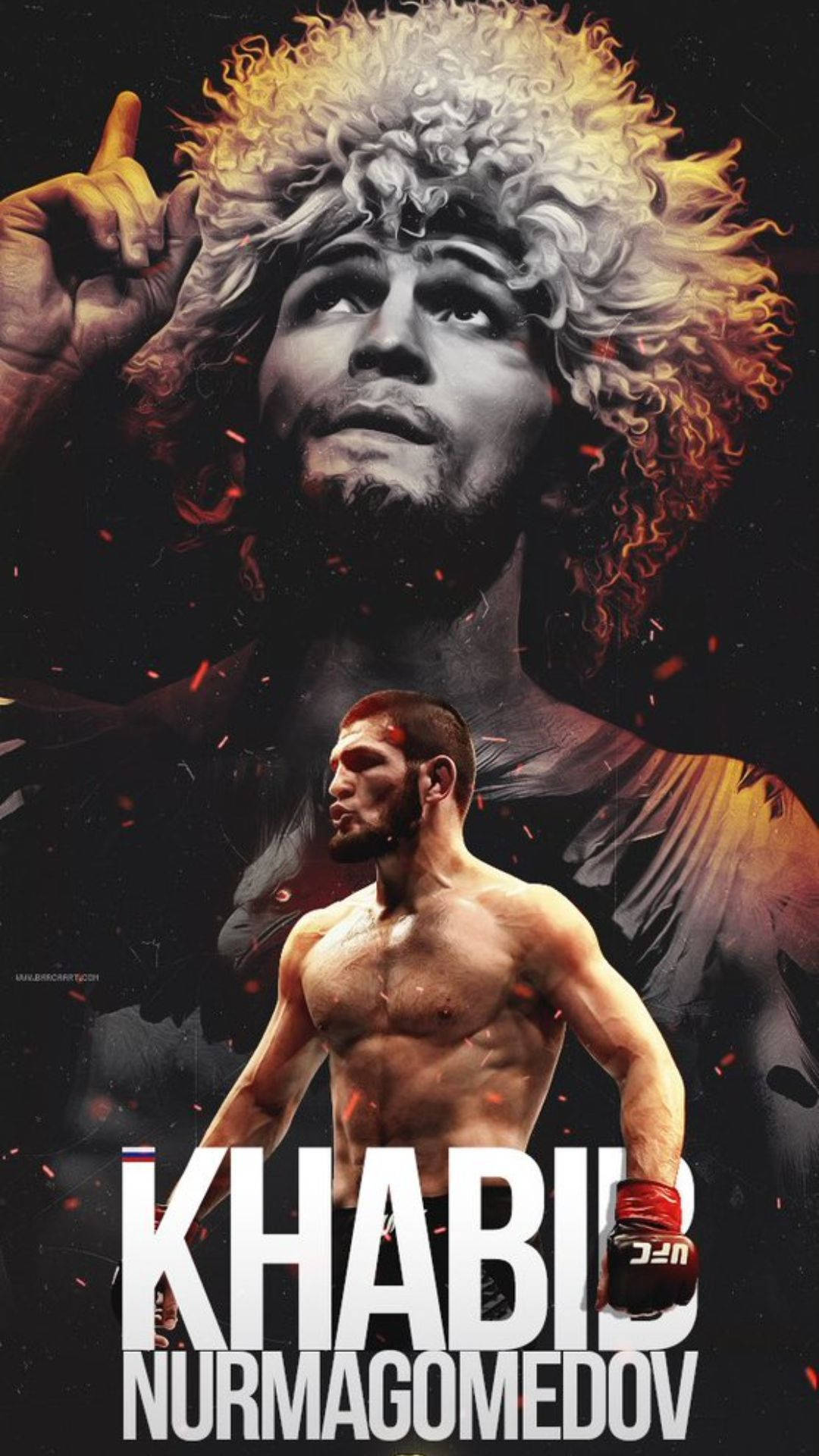 Khabib Nurmagomedov 在火花和粗體文字中的火熱 MMA 戰士肖像。