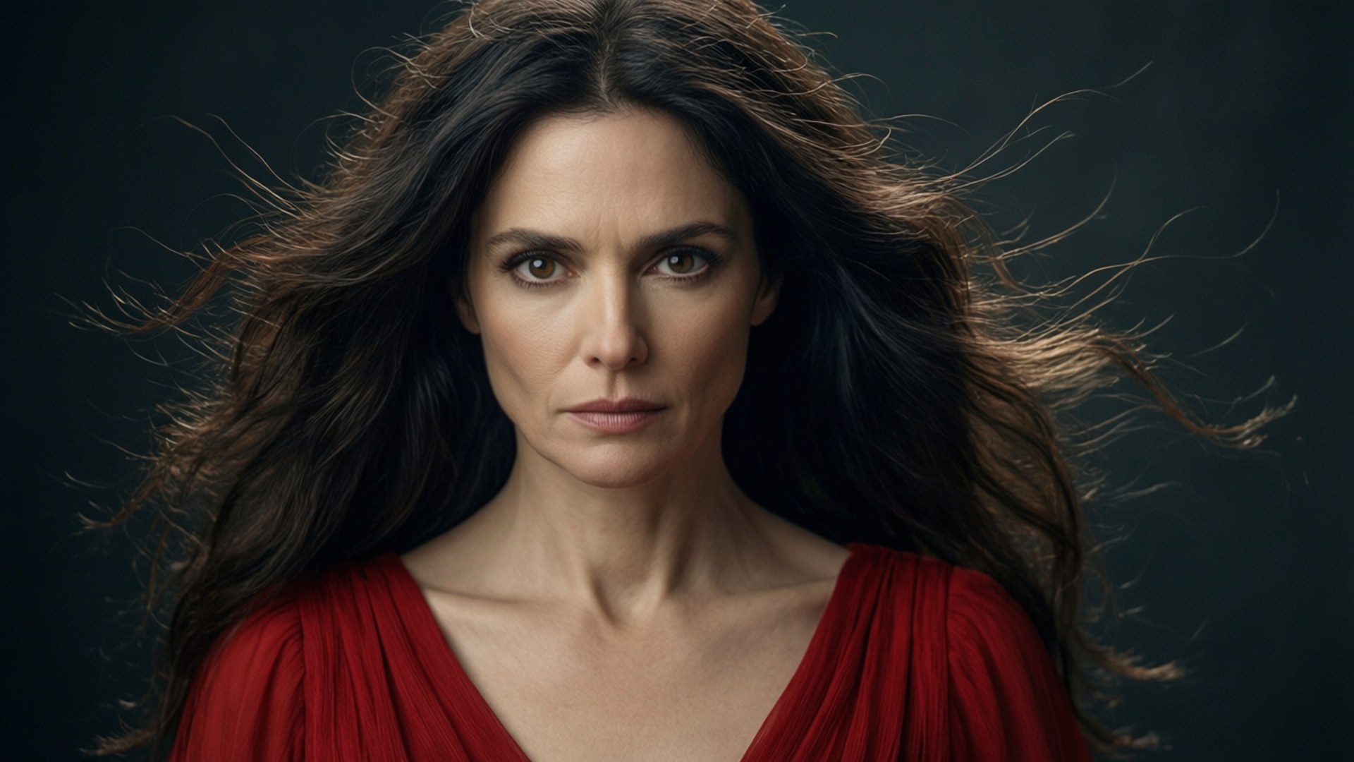 A woman with flowing dark hair and a red dress stares intensely at the camera. 壁紙