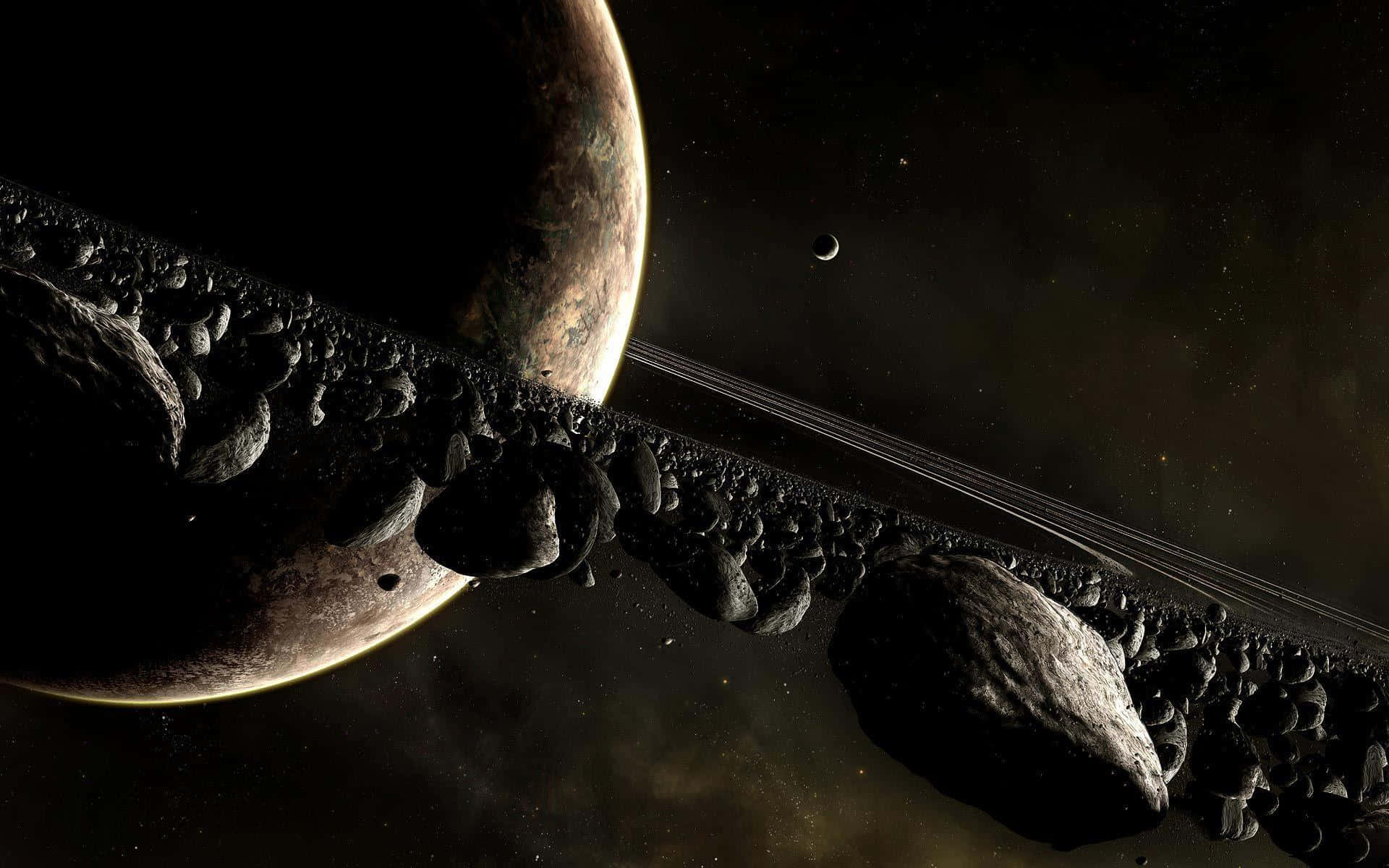  壁紙 — 一個戲劇性的太空場景，展示了一顆帶有光環的行星和密集的小行星帶，在宇宙光芒下閃耀。