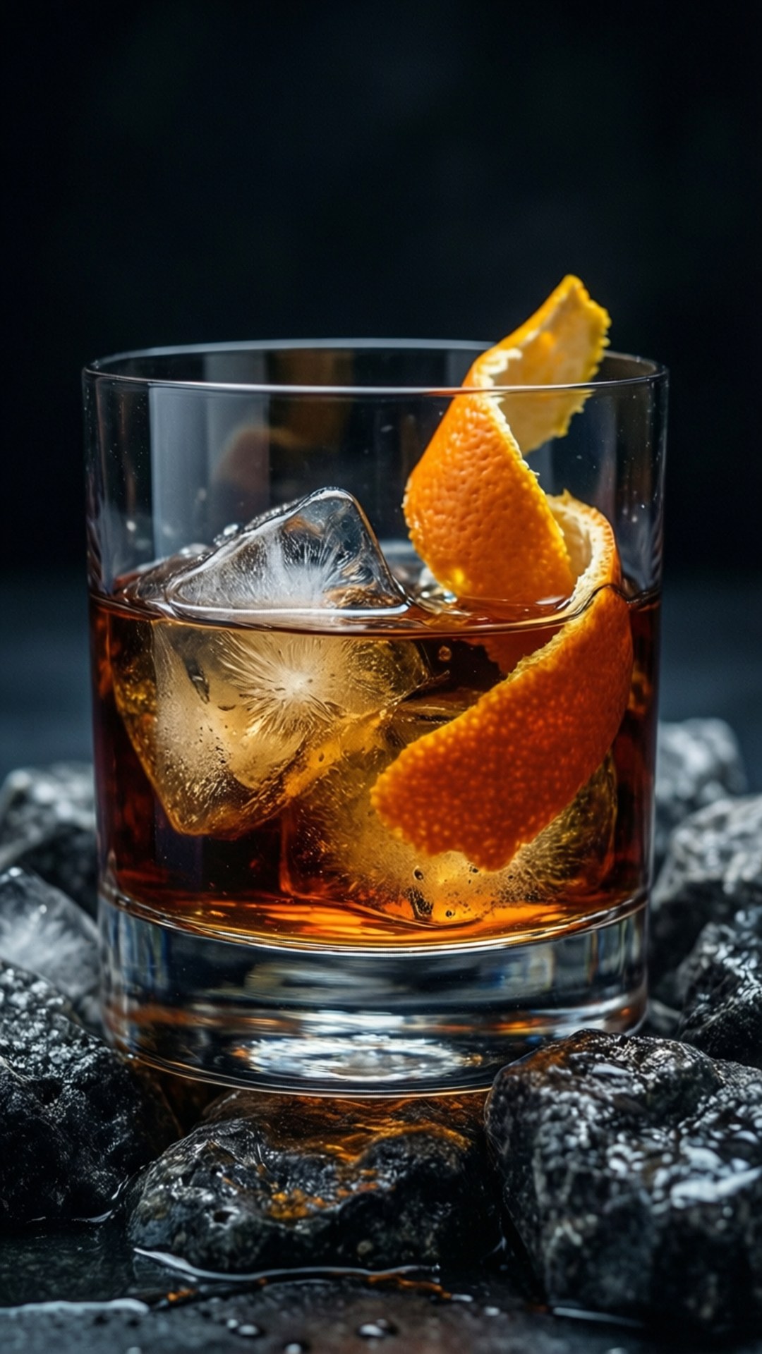 Drambuie 酒加冰塊 壁紙 — 一杯濃郁的琥珀色雞尾酒，配上冰塊和橙皮，在陰暗的岩石上溫暖地發光，營造出充滿氛圍的攝影棚拍攝效果。