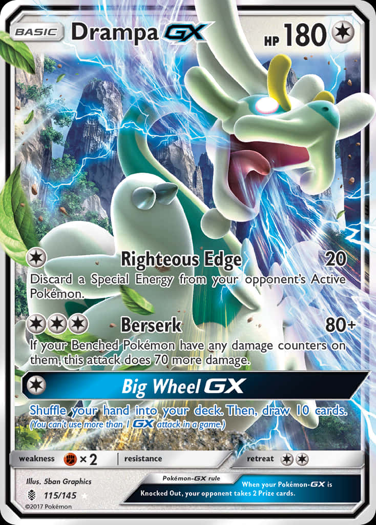 Drampa GX寶可夢卡牌，帶有電光環繞和山景背景。