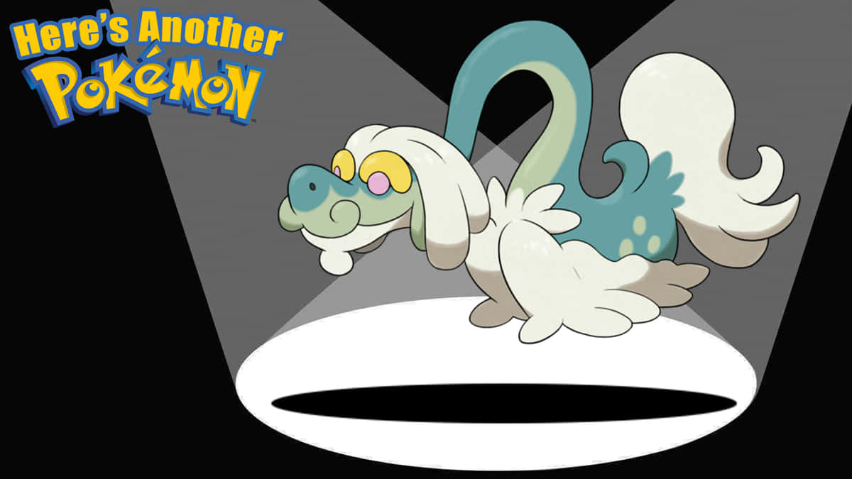 Drampa 被聚光燈照亮 壁紙 — 一隻可愛的白色和藍綠色寶可夢，長耳朵和捲曲尾巴，站在聚光燈下的平台上，下方有『這裡是另一隻寶可夢』的文字。