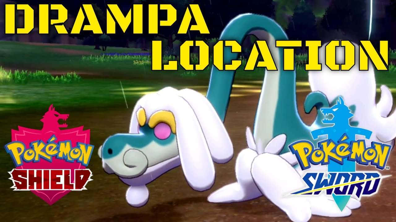 嚟自Pokémon Sword and Shield嘅Drampa喺草地上，有遊戲標誌。