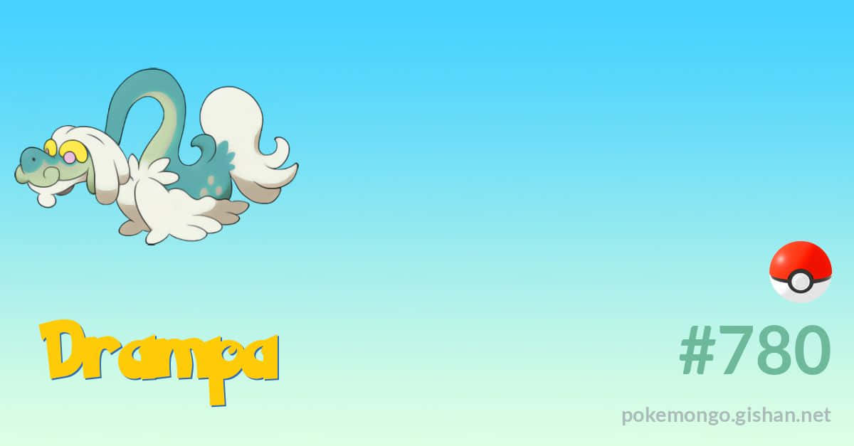 Drampa 寶可夢在漸變天空上漂浮，帶有名稱和編號。