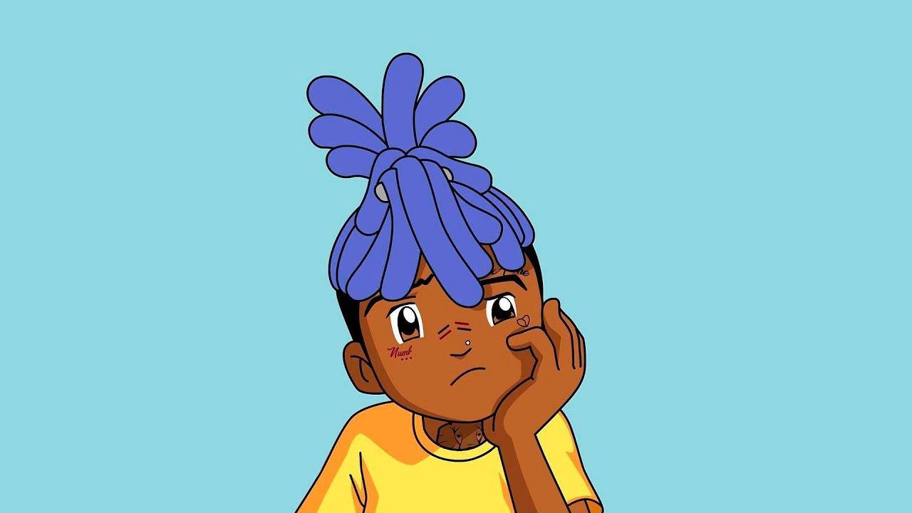 藍色 dreadlock 髮 Xxxtentacion 卡通壁紙 壁紙 — 一個卡通小孩，藍色辮子，黃色襯衫，在純青色背景前顯得很沉思。