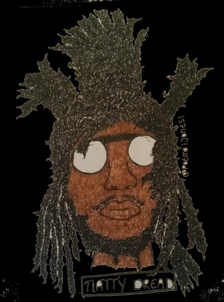藝術風格 dreadlocks 畫像 壁紙 — 一個風格化的插圖，描繪一個擁有狂野辮子和白色大眼睛的男人，背景為黑色。
