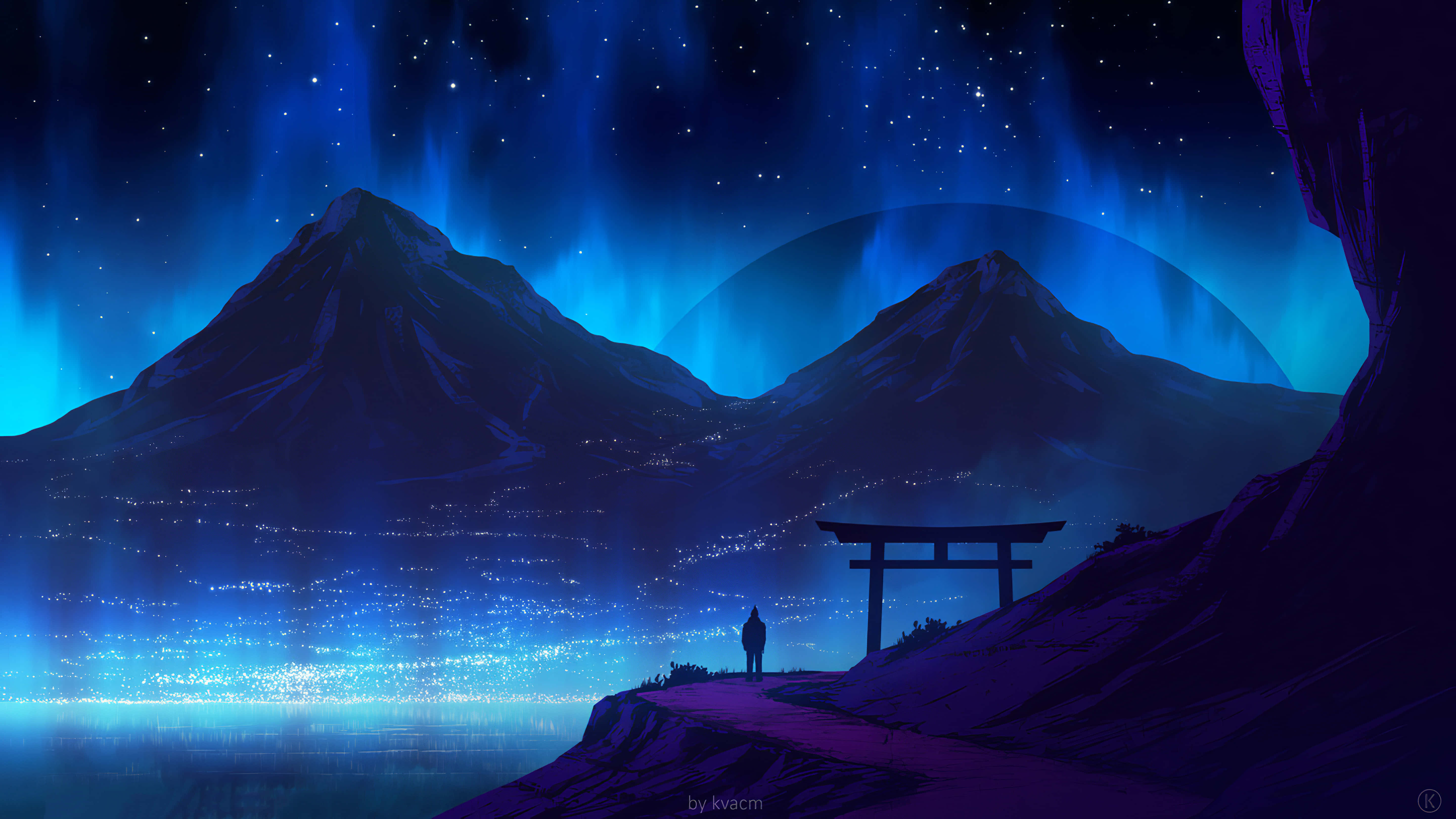 探索 Dream Art 的美麗 壁紙 — 一個孤獨的身影站在鳥居前，星空下，發光的藍色極光映照著雪山和下方的城市。