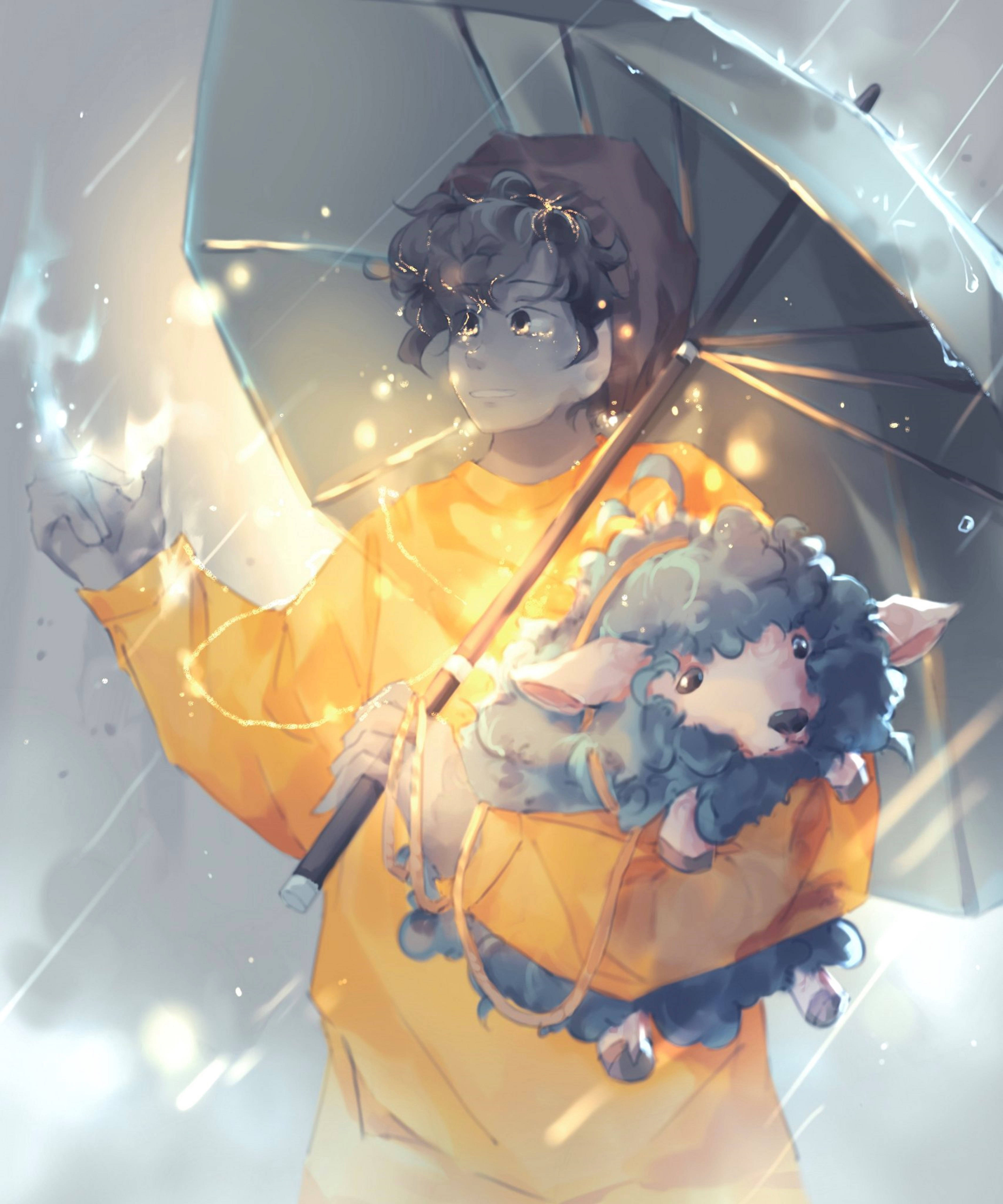 Dream SMP Ghostbur 與朋友動漫 壁紙 — 一個穿著黃色雨衣的年輕人，在落雨和閃爍燈光中，拿著一把發光的雨傘和一隻毛茸茸的藍色羊。
