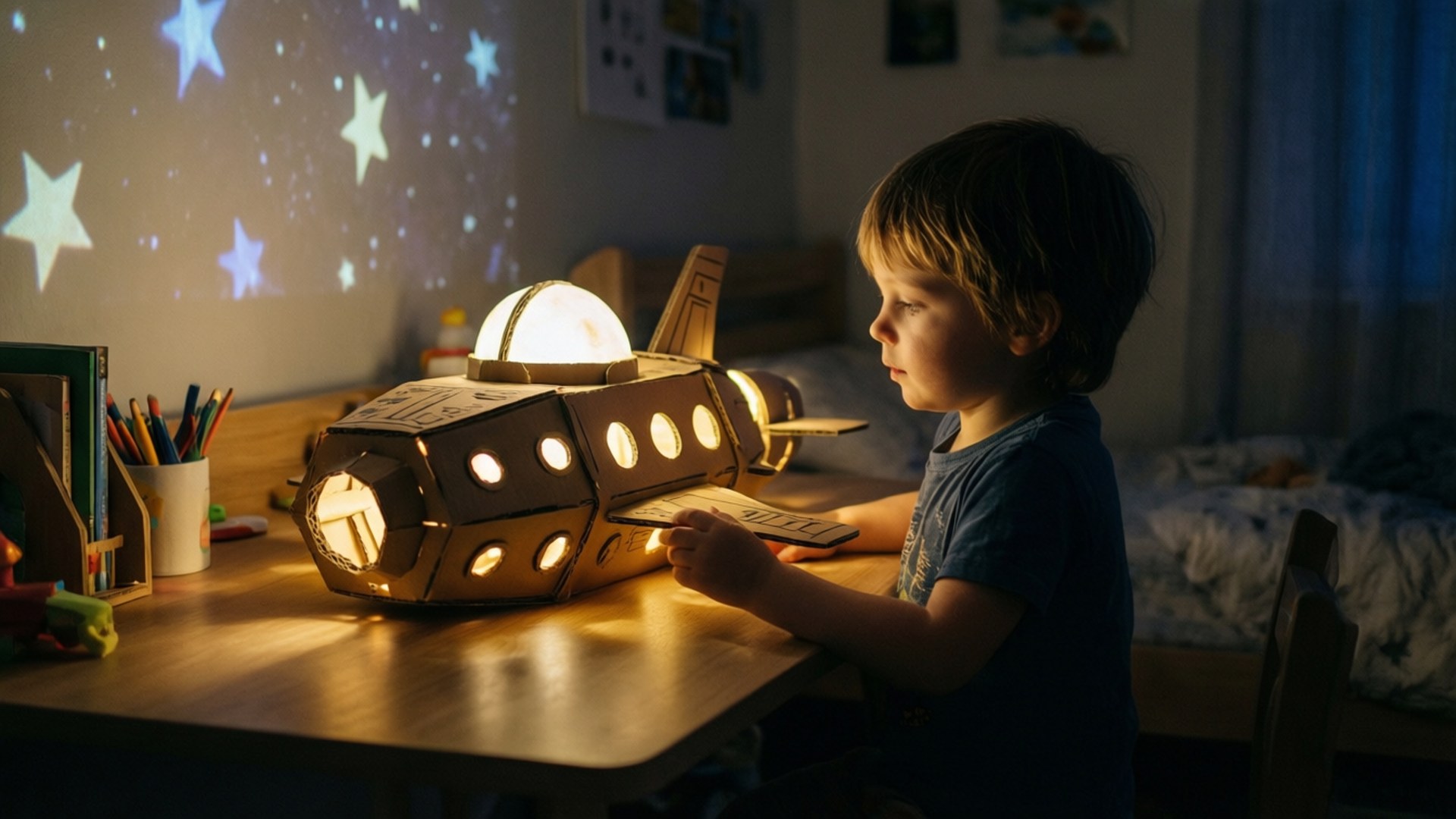 孩子凝視著發光的紙板太空船燈將星星投射到牆上