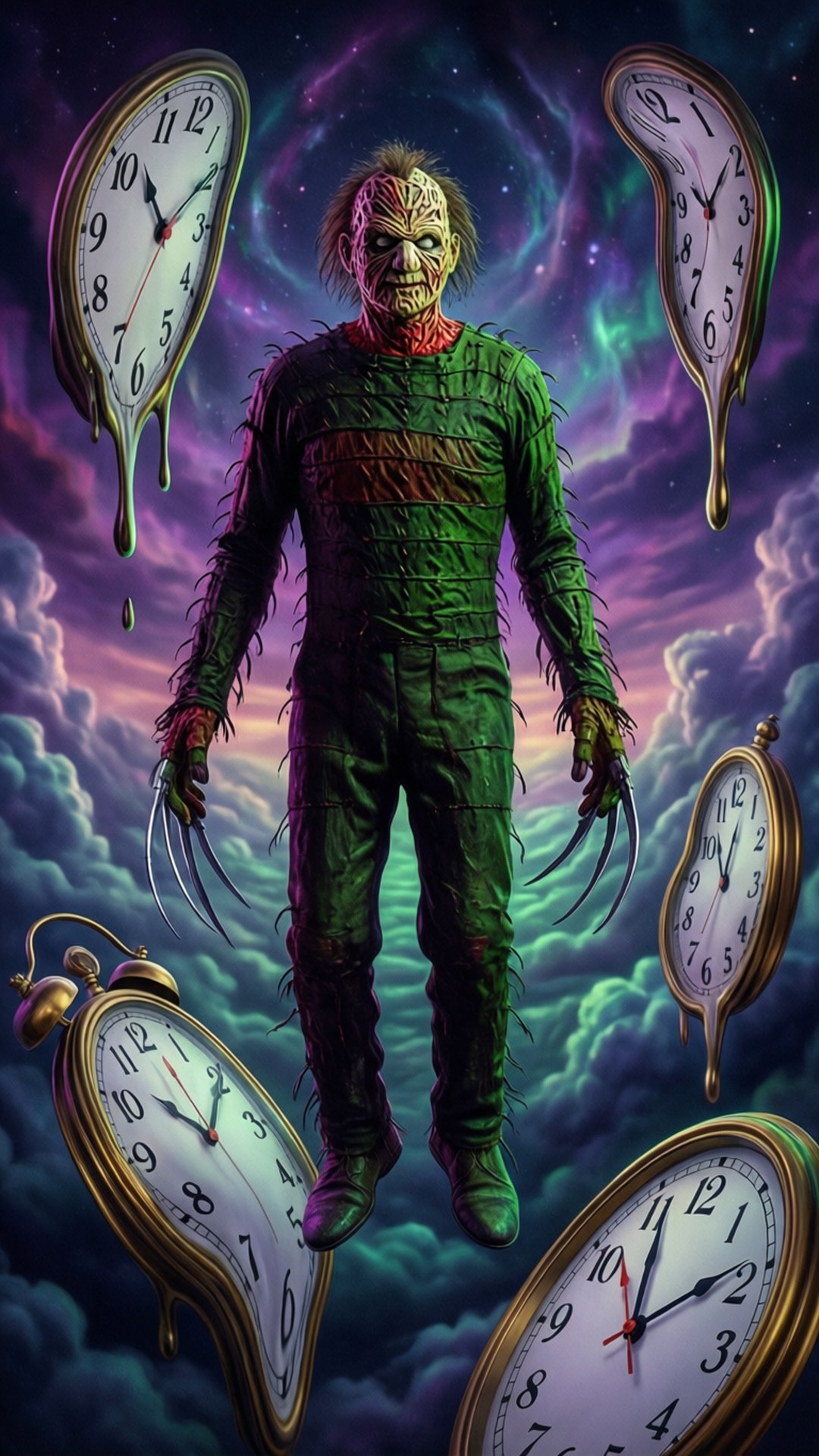 一個綠色縫合恐怖人物，帶有爪子，被融化的時鐘包圍在紫色星雲天空中。