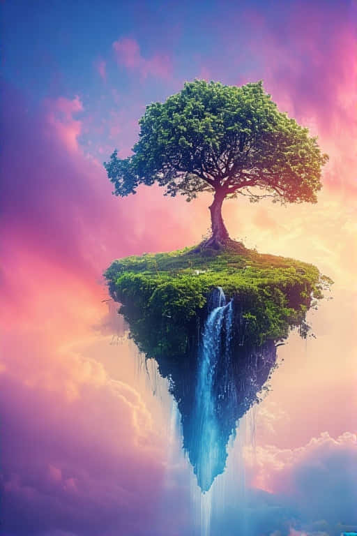 漂浮島嶼上的一棵樹，瀑布落入雲層。