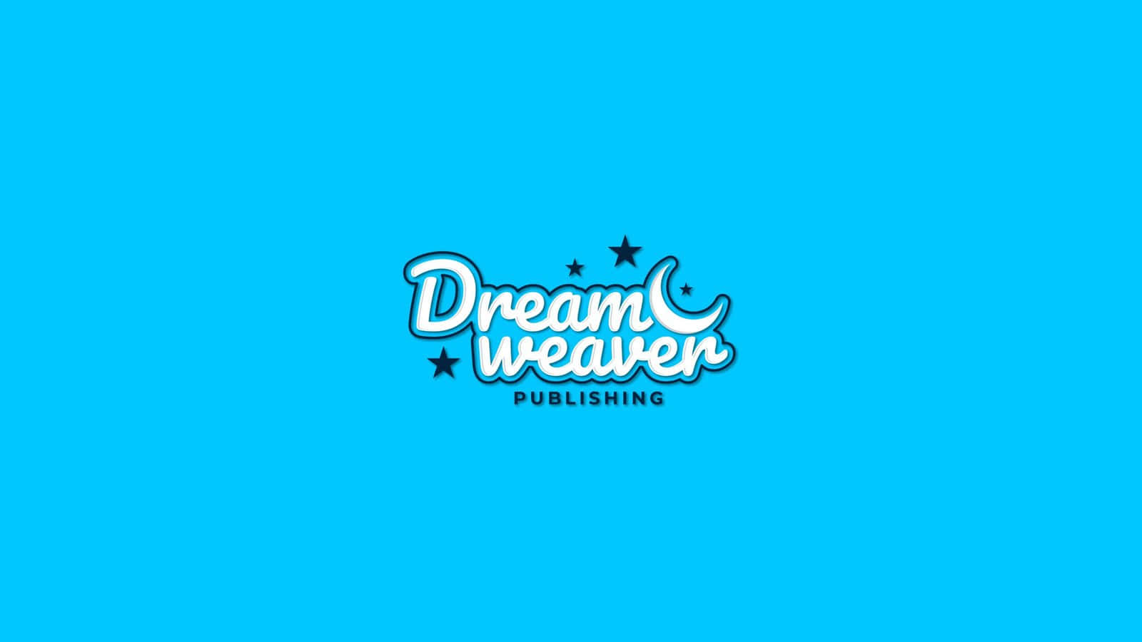  壁紙 — Dreamweaver Publishing 的風格化標誌，白色草書文字帶有藍色輪廓，位於純青色背景上，並以星星和彎月點綴。