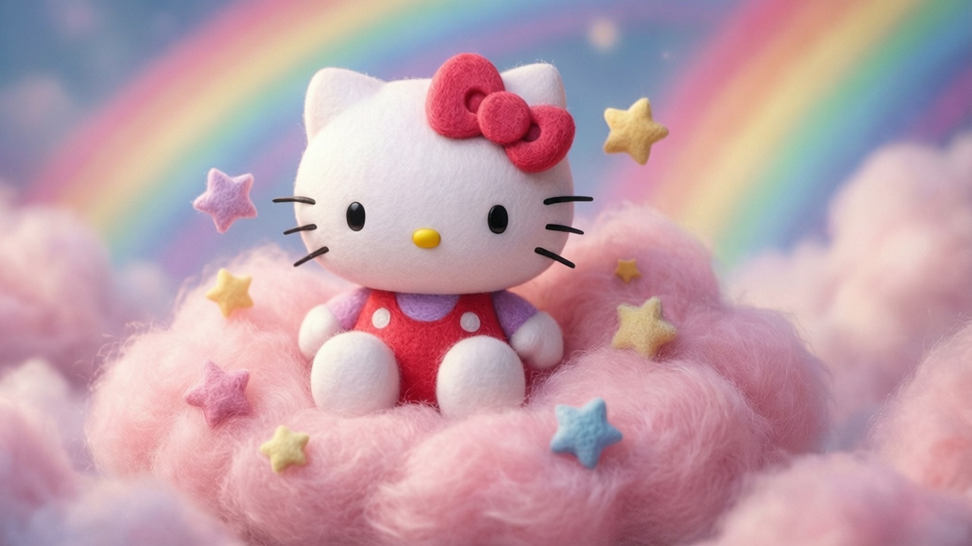 毛絨Hello Kitty在粉紅雲朵上，有彩虹和星星