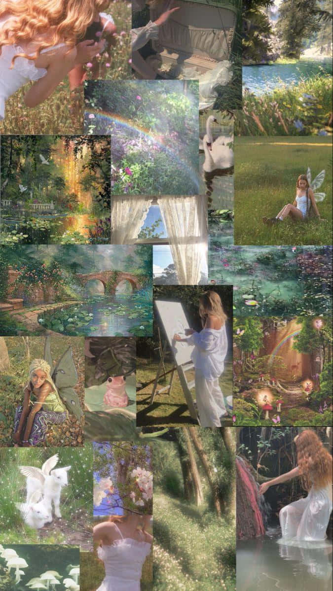  壁紙 — 夢幻般的魔法森林場景拼貼畫，有仙女、天鵝和藝術家，採用柔和的粉彩調。