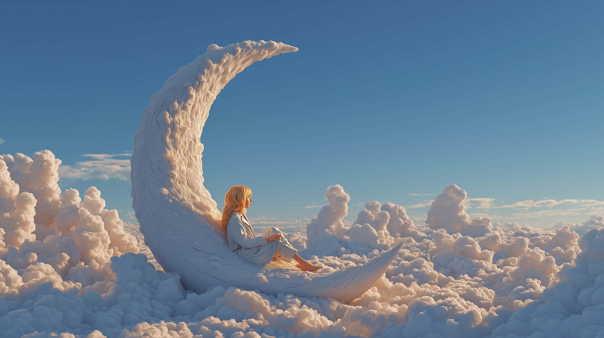 一位金髮女性坐在彎月上，周圍是蓬鬆的白雲，背景是藍天。