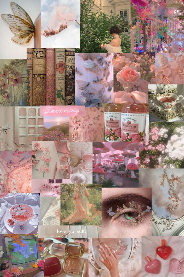 夢幻粉紅色拼貼，包含蝴蝶、玫瑰、書籍和復古物品。 — 唯美蝴蝶動圖 壁紙