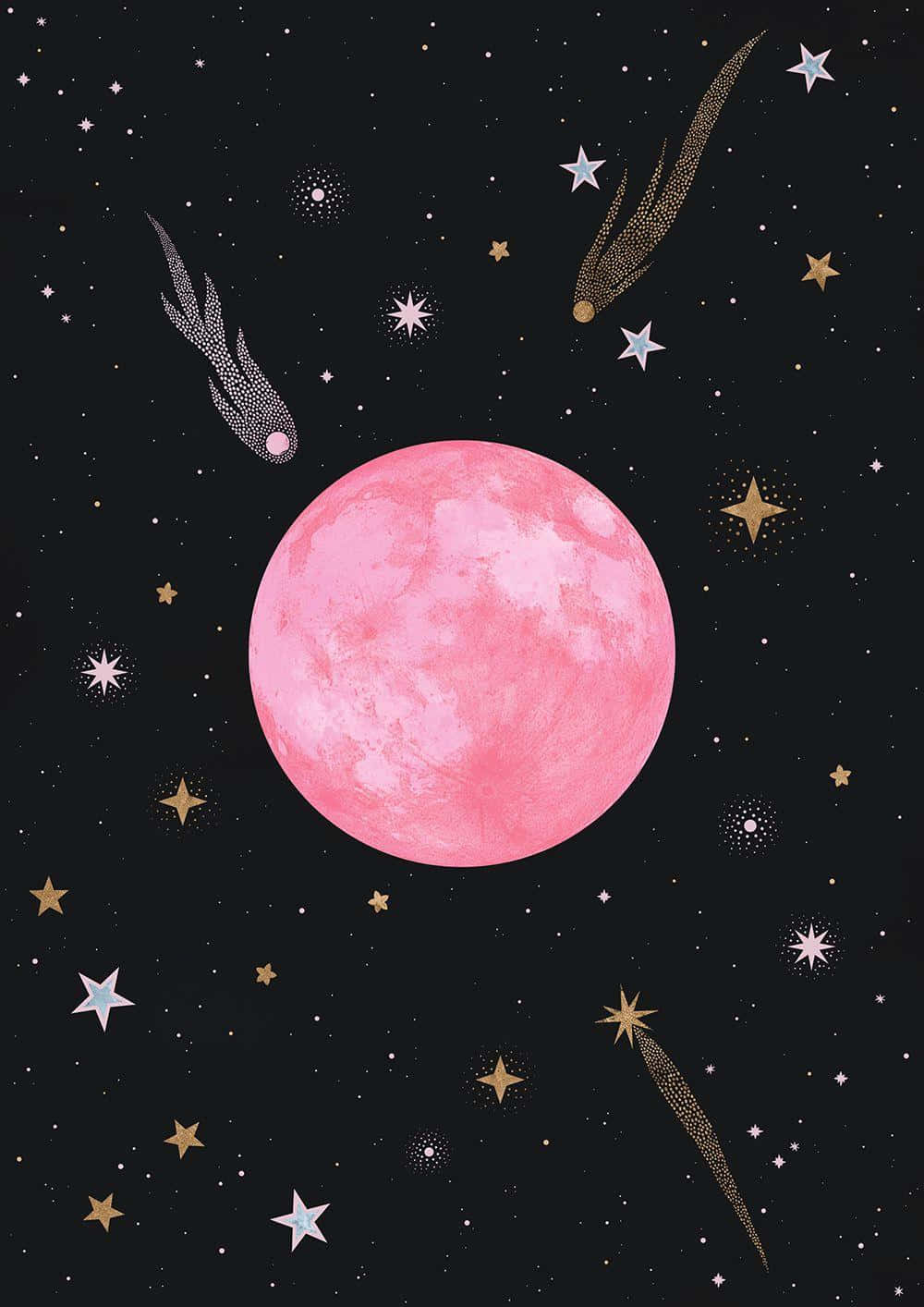 Strawberry Moon 桌布 壁紙 — 夢幻的粉紅月亮在繁星點點的夜空中閃耀，伴隨著閃爍的彗星和璀璨的星星。