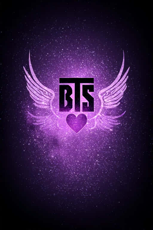 BTS標誌，帶有紫色翅膀和心形，背景是閃爍的宇宙
