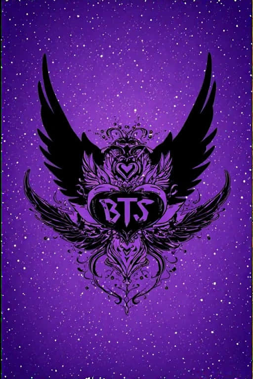 黑色翼形徽章，BTS字母在紫色星光背景上