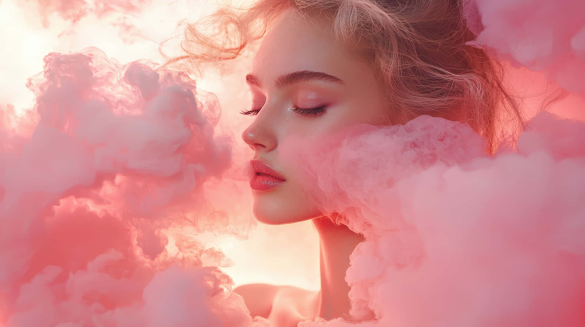 一位閉著眼睛的女性，在夢幻般的氛圍中被粉紅雲朵包圍