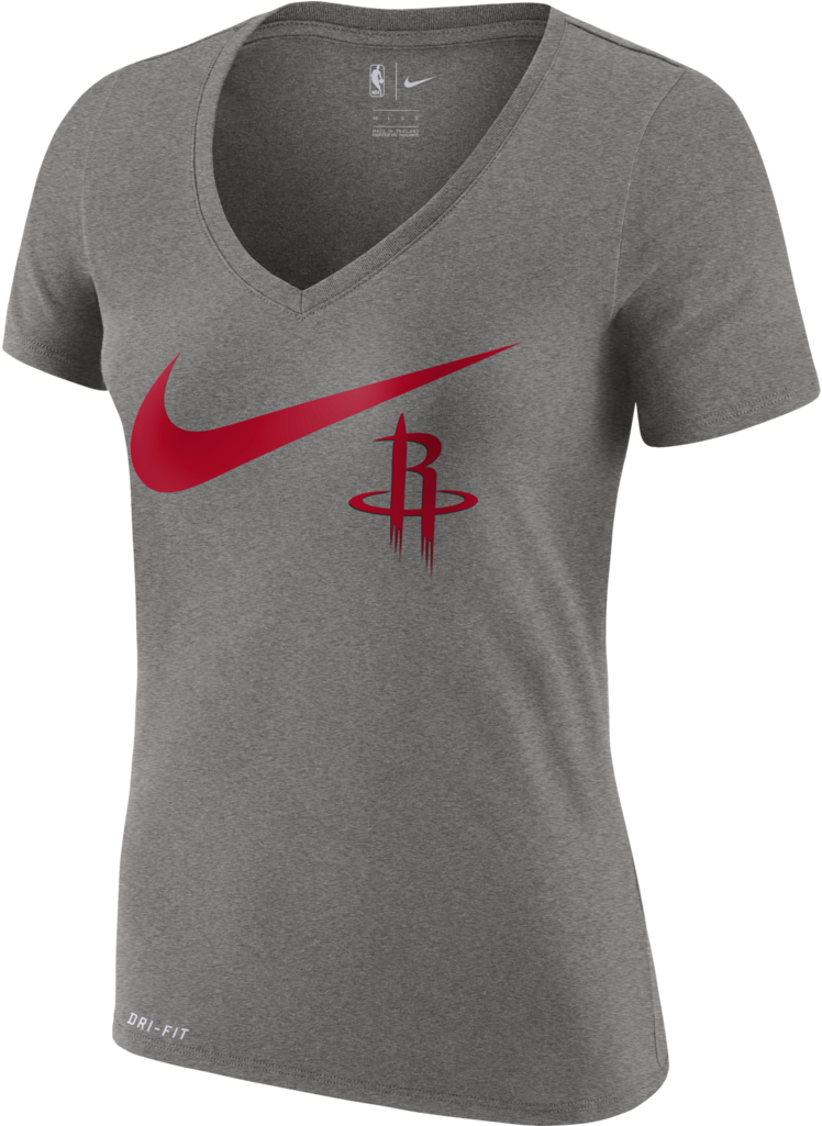 休斯敦火箭隊耐克Dri-FIT T恤 壁紙 — 一件灰色女裝V領T恤，上面有醒目的紅色Nike勾勾和侯斯頓火箭隊標誌，背景簡潔。