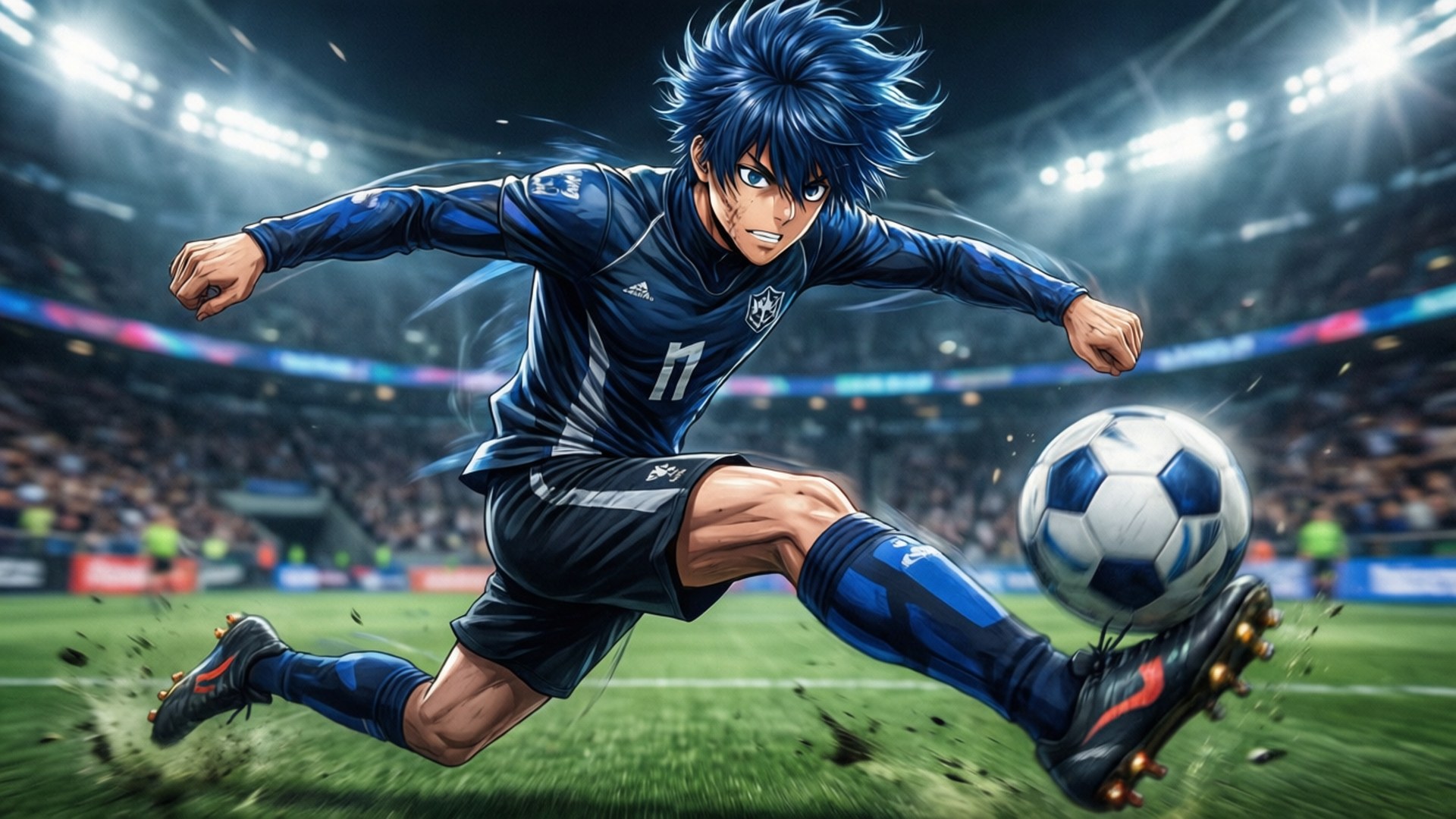 dribbling動力源·永輝 壁紙 — 一位藍髮動漫足球員穿著深藍色制服，在明亮的體育場燈光下專注地踢球。