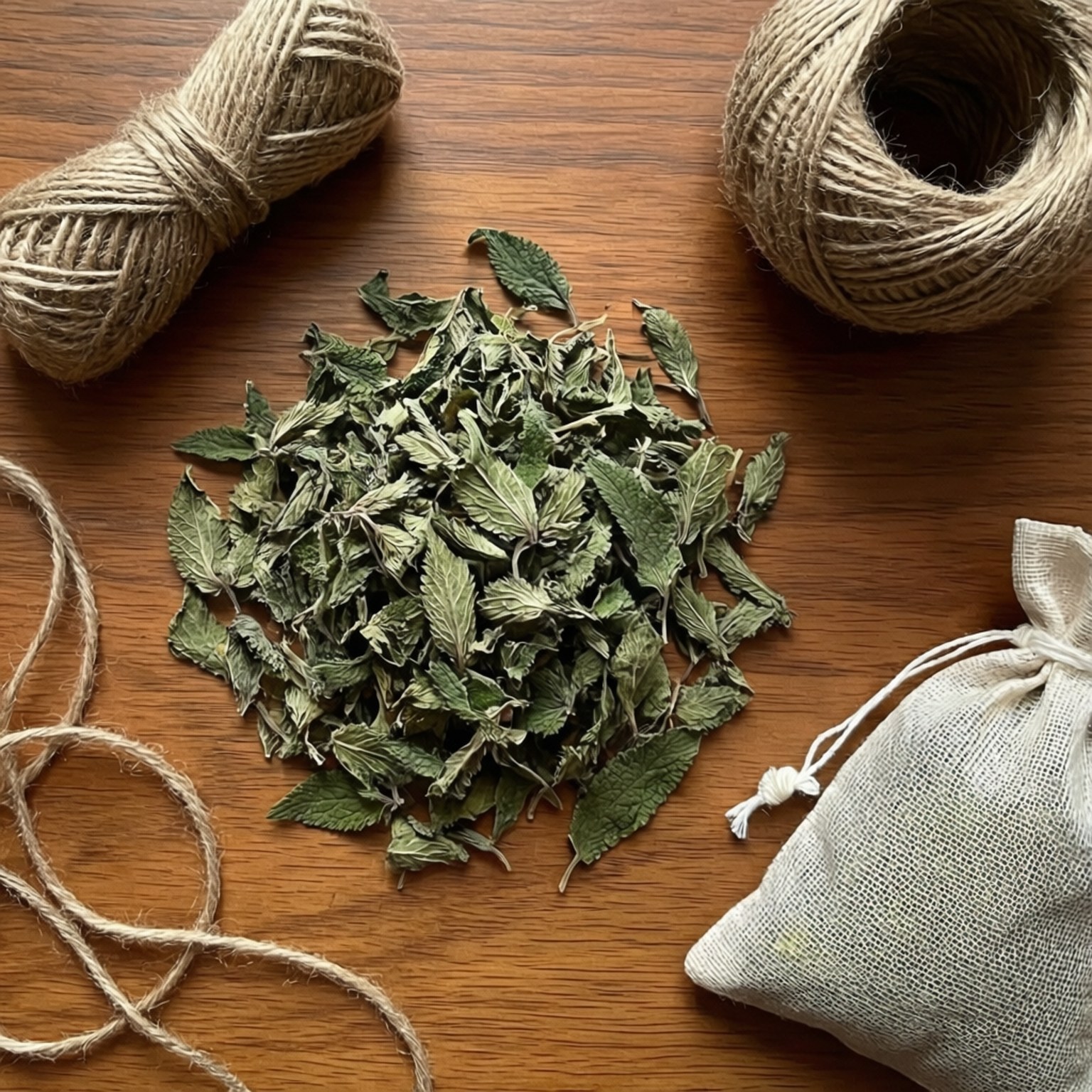 DIY Catnip Toy Ingredients 壁紙 — 乾燥薄荷葉散落在溫暖的木桌上，旁邊有麻線軸和一個亞麻束口袋。