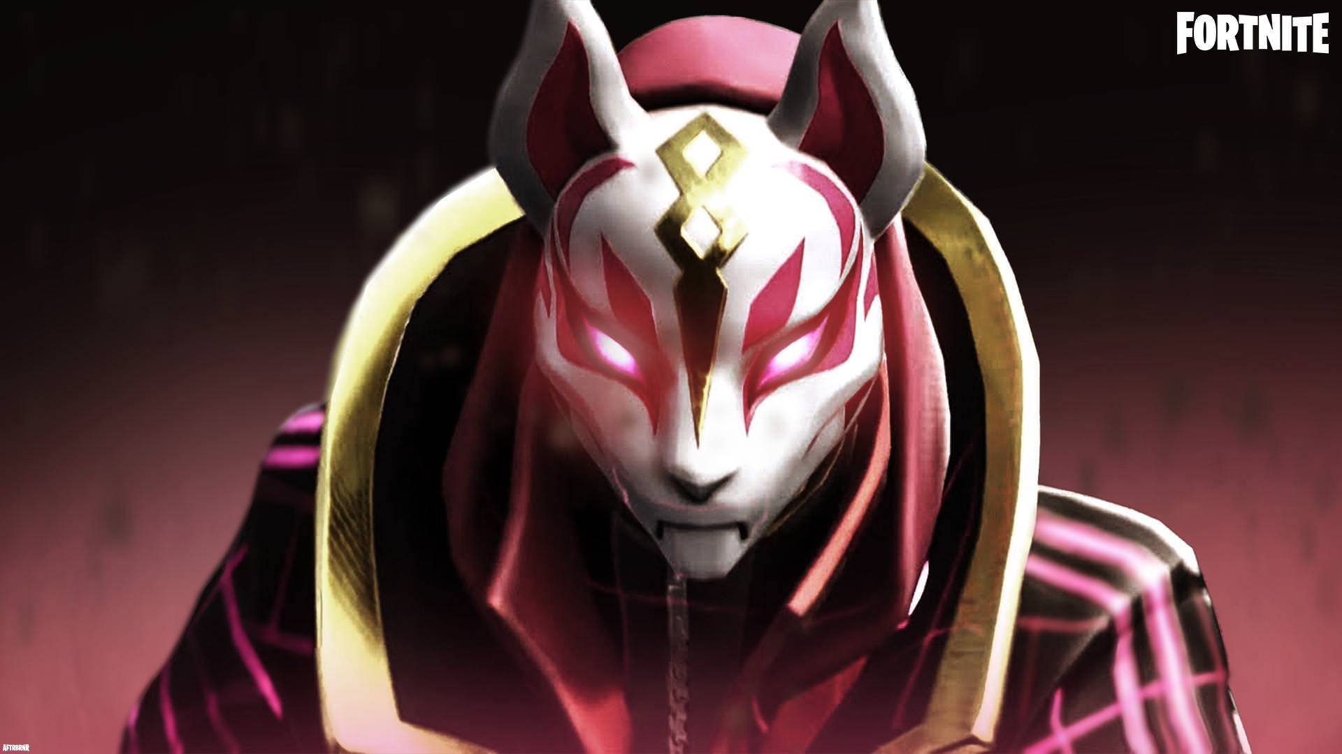 Drift Fortnight 狂野眼神 壁紙 — 近距離拍攝一個戴著狐狸面具的 Fortnite 角色，擁有發光的粉紅色眼睛和金色邊框，背景為深紅色。