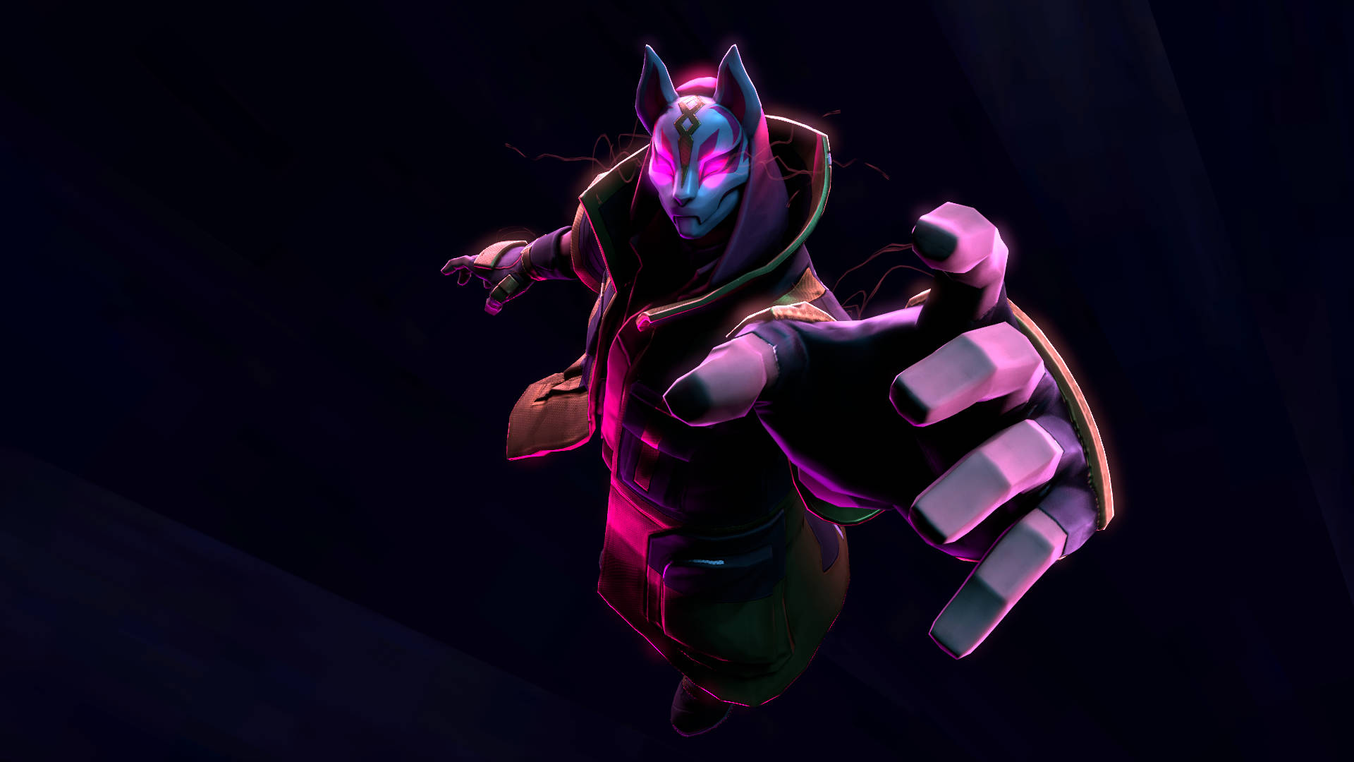 Drift Fortnite 傳奇裝扮 壁紙 — 一個發光的紫色和藍色戴面具、有角的人物在黑暗背景前伸出手。