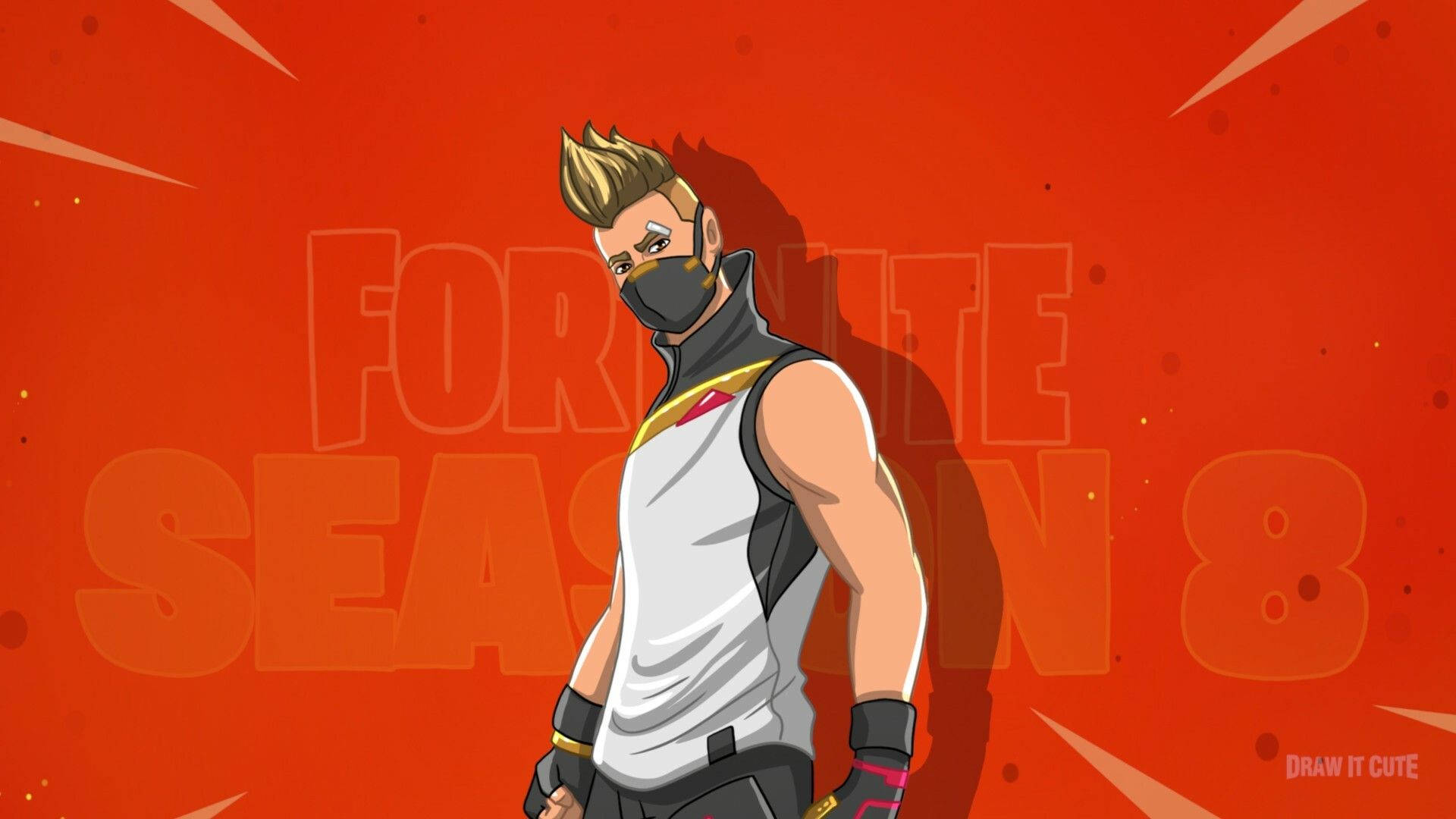 Drift Fortnite 卡通封面 壁紙 — 一個風格化的 Fortnite 角色，擁有尖刺金髮和黑色面具，自信地站在充滿活力的橙色背景前，帶有 'SEASON 8' 文字。