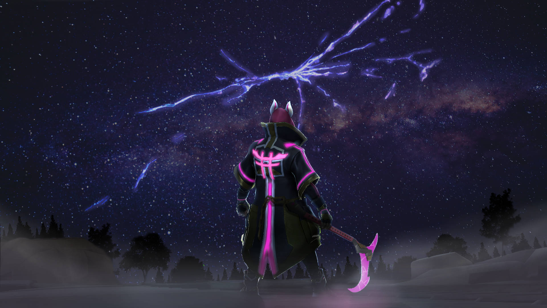 Drift Fortnite 夜空下 壁紙 — 一個身穿深色長袍、帶有發光粉紅色點綴的人物站在星空下，紫色閃電劃過頭頂。