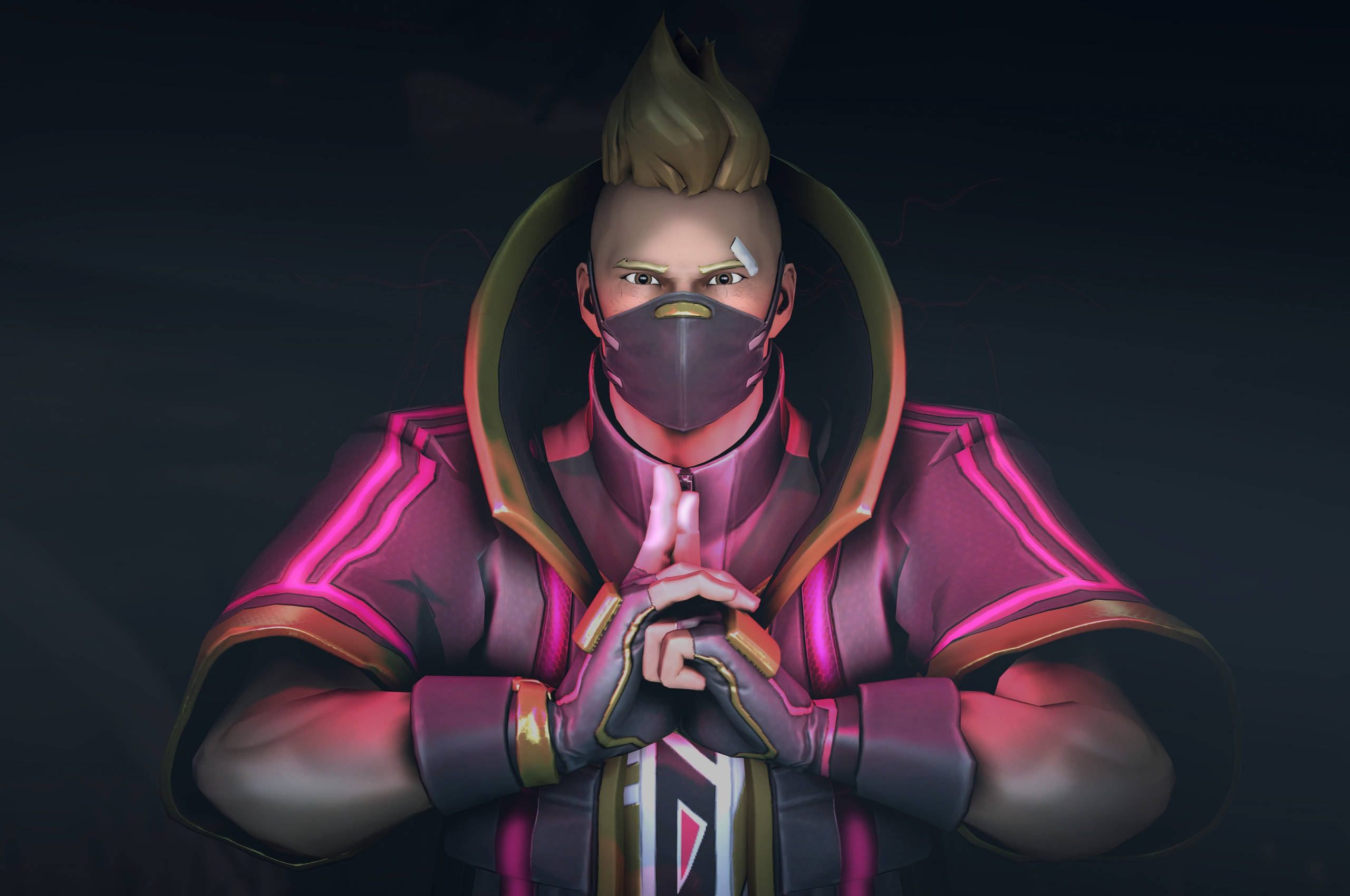 Drift Fortnite 忍者手勢 壁紙 — 一個風格化的動漫角色，有著尖刺的金色頭髮和口罩，站在黑暗的環境中，雙手合十，穿著發光的粉紅色和金色服裝。