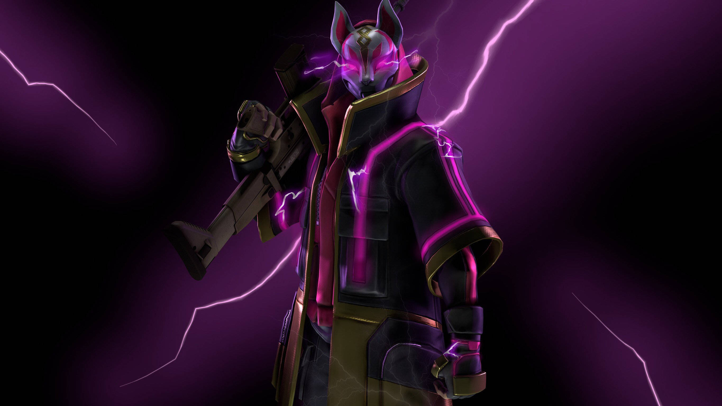 Drift Fortnite 持步槍粉絲藝術 壁紙 — 一個戴面具、有狐狸耳朵的動漫角色，在黑暗背景中，伴隨著噼啪作響的紫色閃電揮舞步槍。