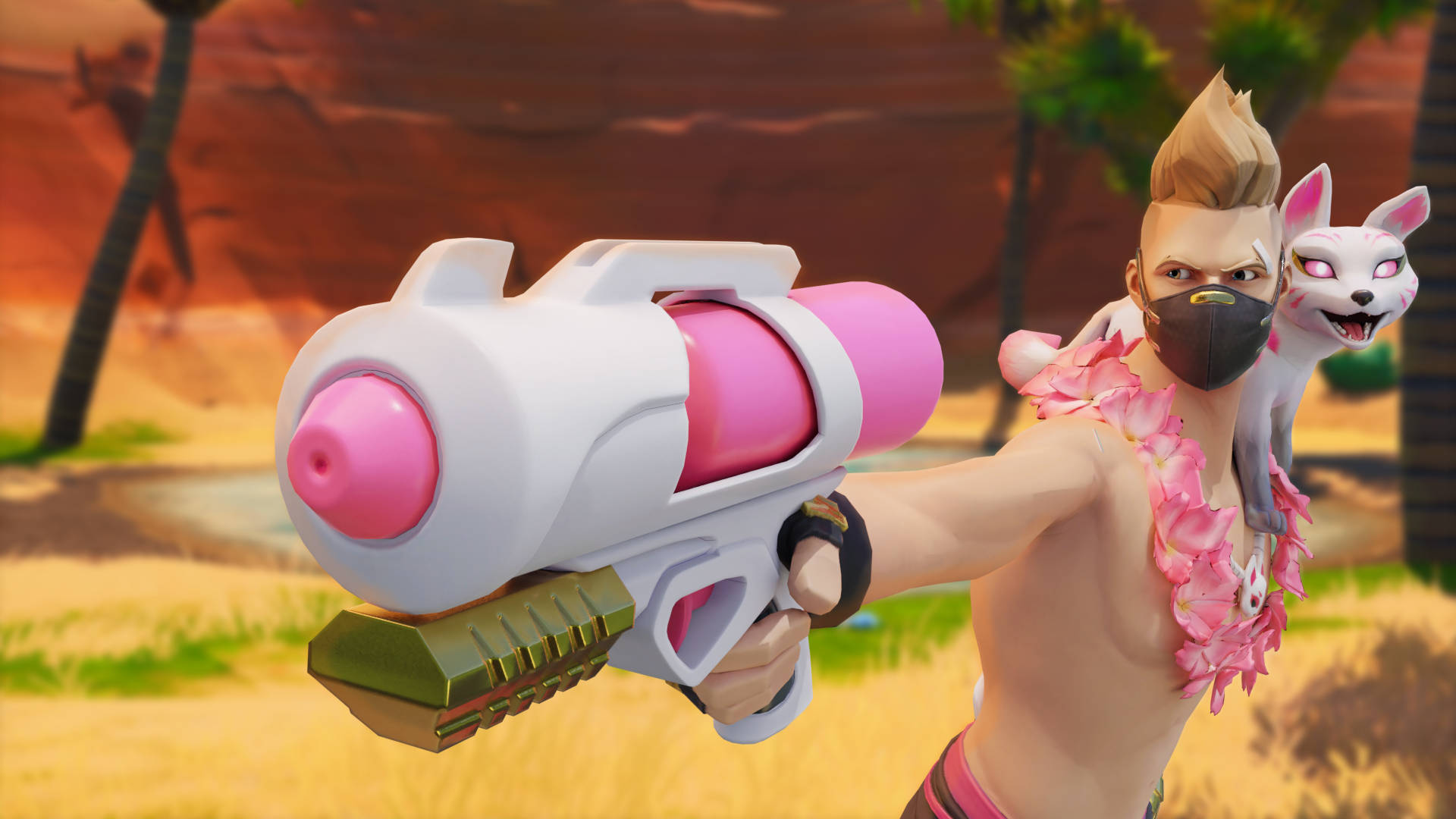 Drift Fortnite 持水槍 壁紙 — 一個角色拿著粉紅色水槍，與狐狸同伴站在沙漠綠洲中，沐浴在溫暖的夕陽光下。