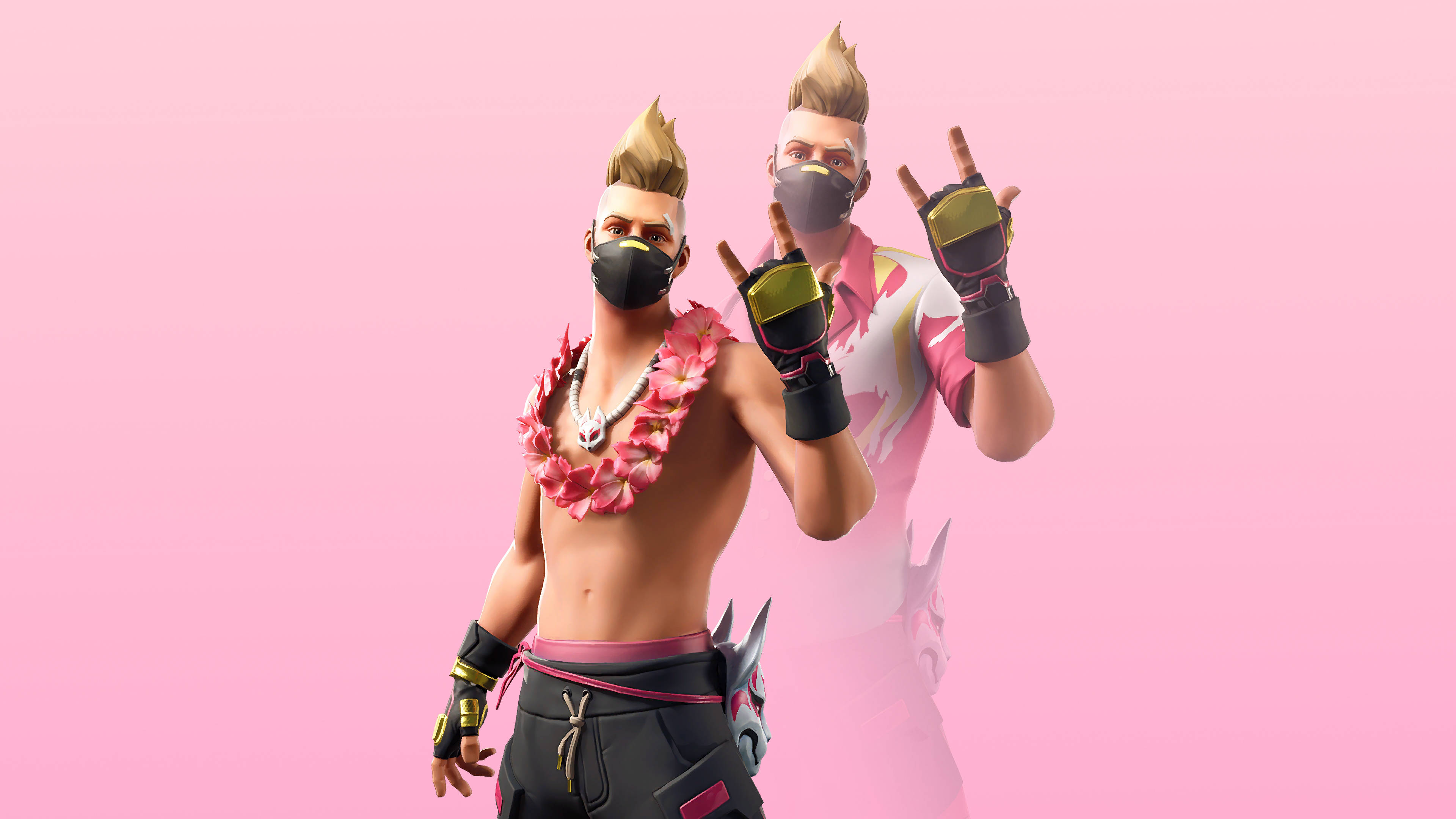 Drift Fortnite 搞搖滾 壁紙 — 兩個 Fortnite 角色，留著莫西干頭並戴著口罩，在純粉紅色背景前自信地擺姿勢。