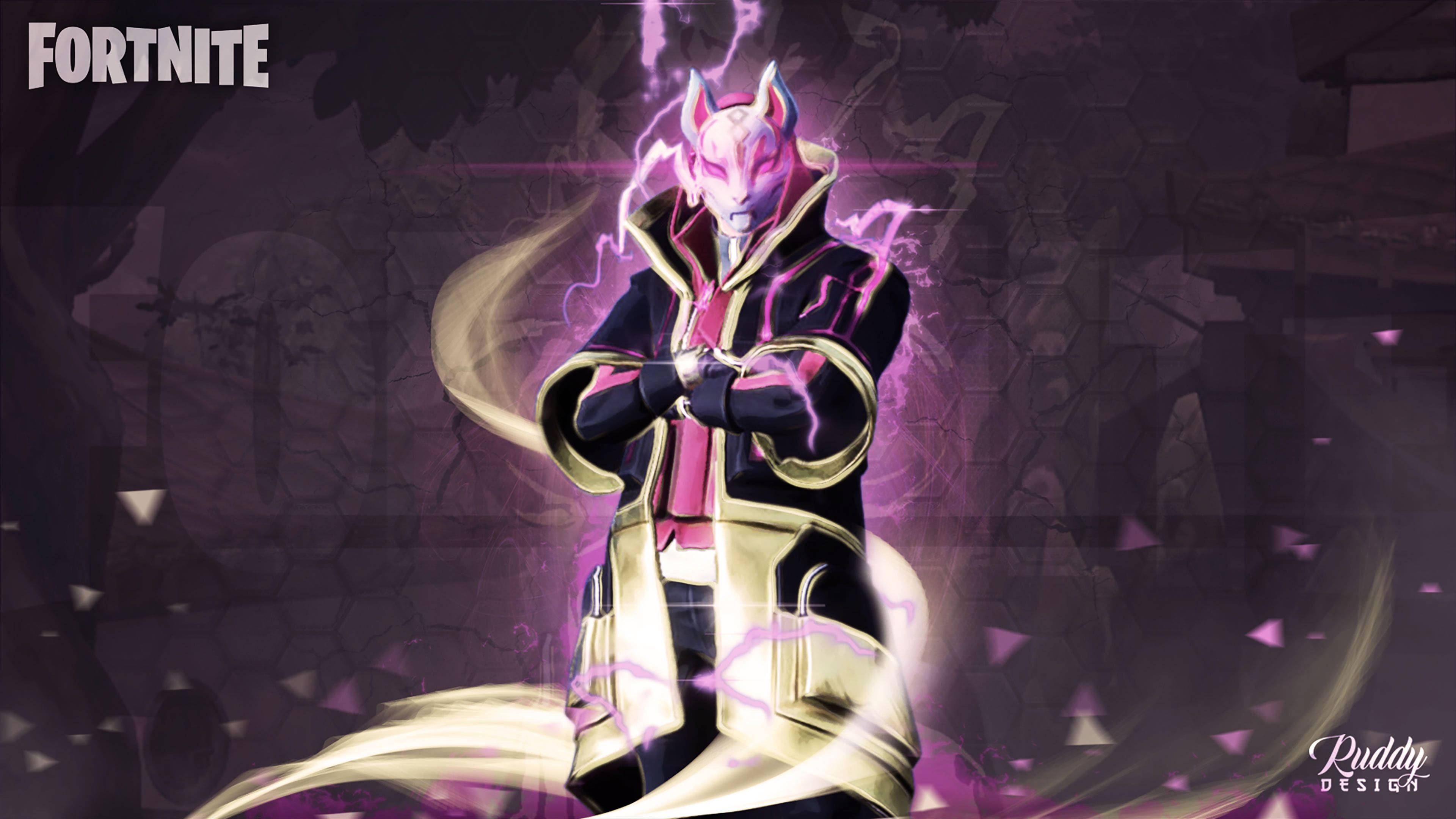 Drift Fortnite 數位粉絲藝術作品 壁紙 — 一個發光的粉紅色狐狸頭角色，穿著黑色和金色的服裝，在裂開的紫色背景上引導電能。
