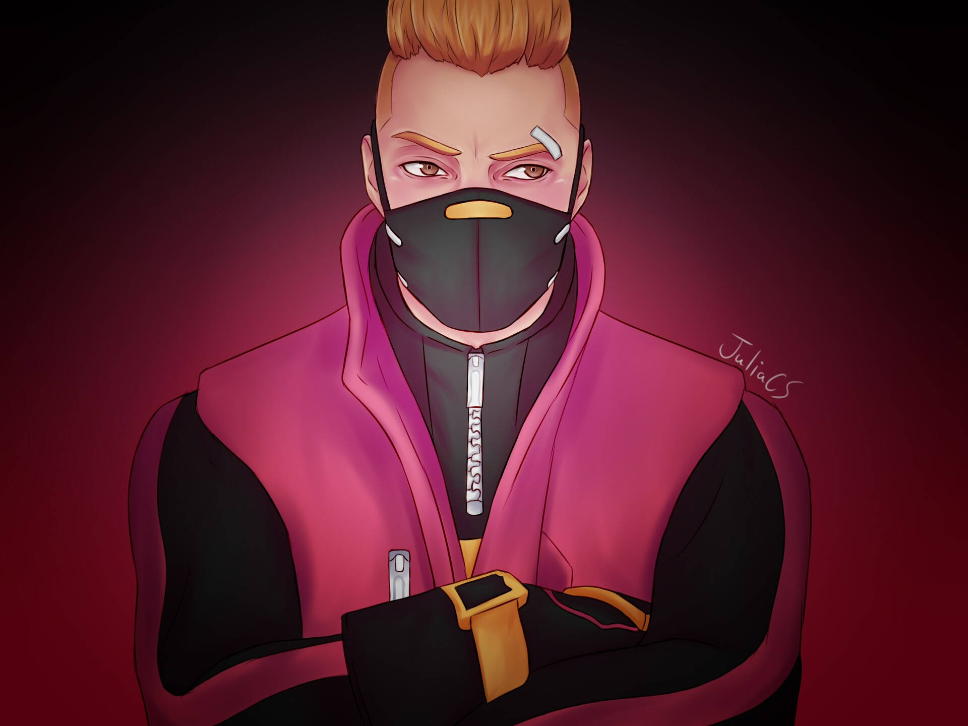 Drift Fortnite 數位繪畫 壁紙 — 一個嚴肅的動漫角色，戴著黑色面具和粉紅色外套，雙臂交叉站在深紅色背景前。