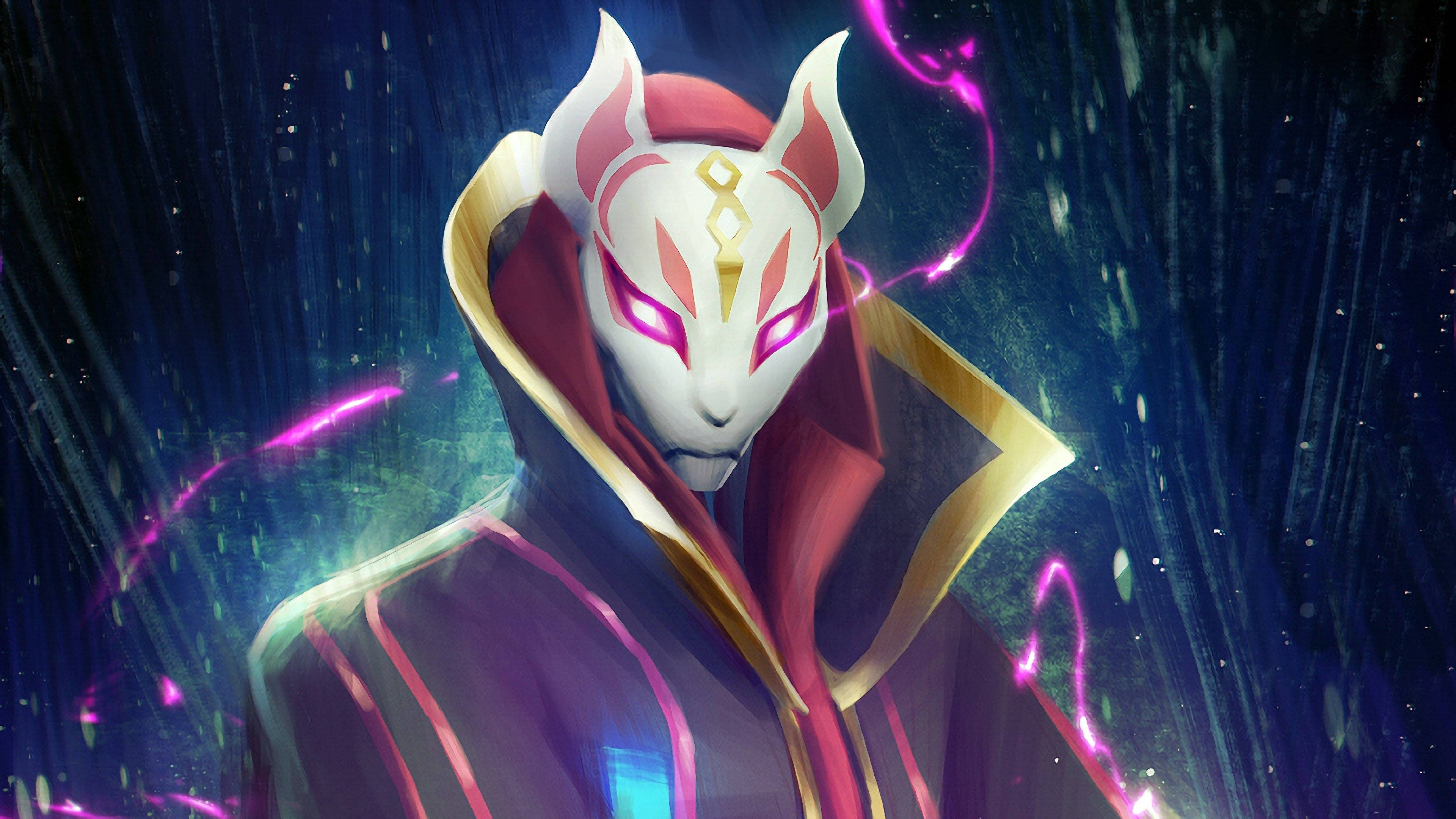 Drift Fortnite 數位繪畫 壁紙 — 一個戴面具、像狐狸的動漫角色，身穿紅金色長袍，站在發光的紫色能量中，背景是黑暗的宇宙。