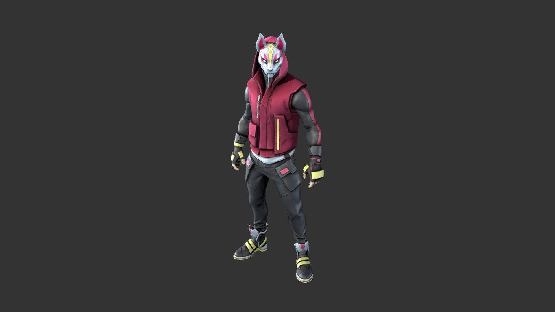 Drift Fortnite 灰色背景 壁紙 — 一個風格化的狐狸面具角色，穿著紅色背心和黑色裝備，站在純深灰色背景前。