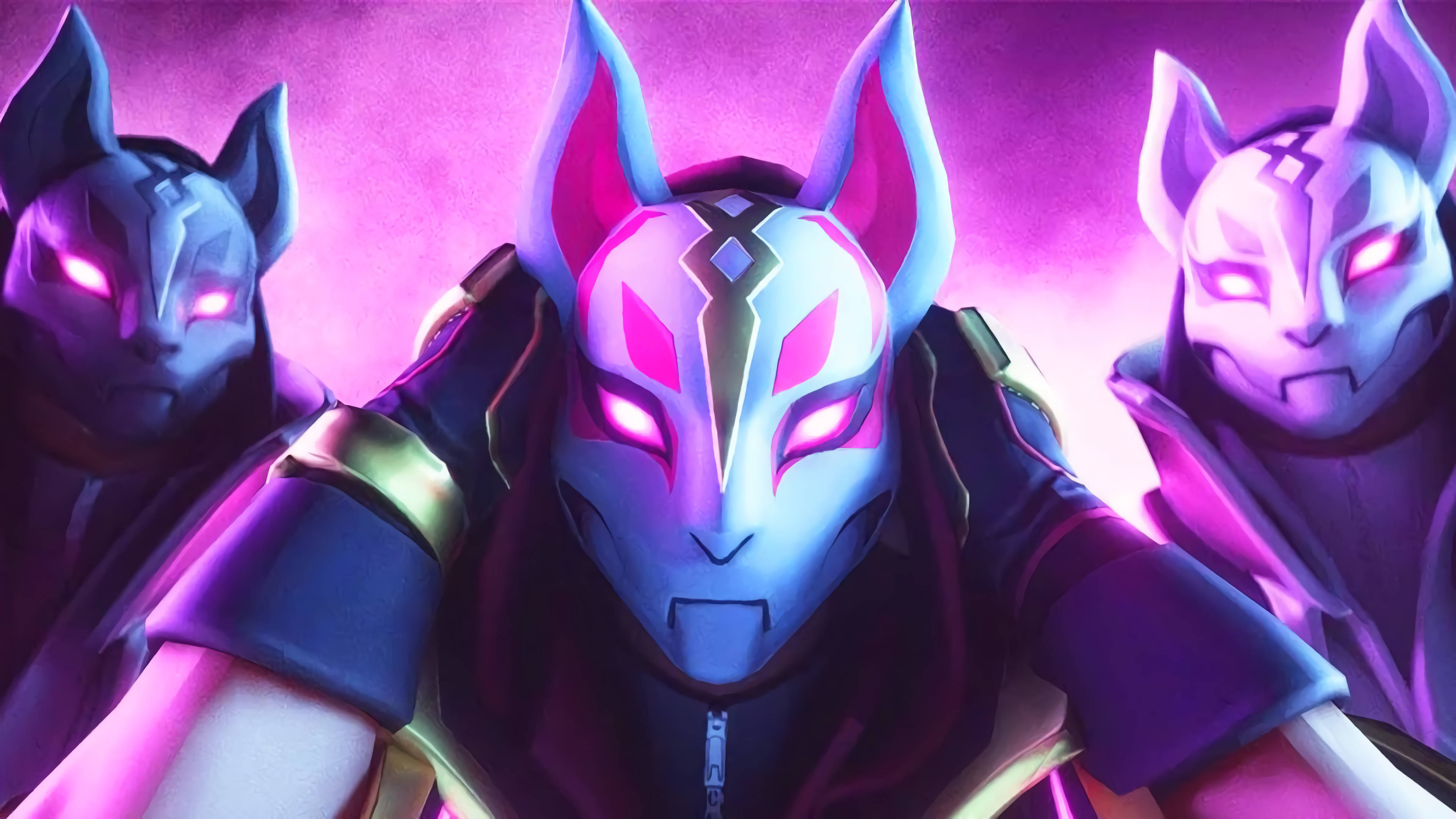 Drift Fortnite 紫色美學 壁紙 — 三個戴面具的貓角色，擁有發光的粉紅色眼睛和賽博朋克盔甲，站在充滿活力的紫色背景前。